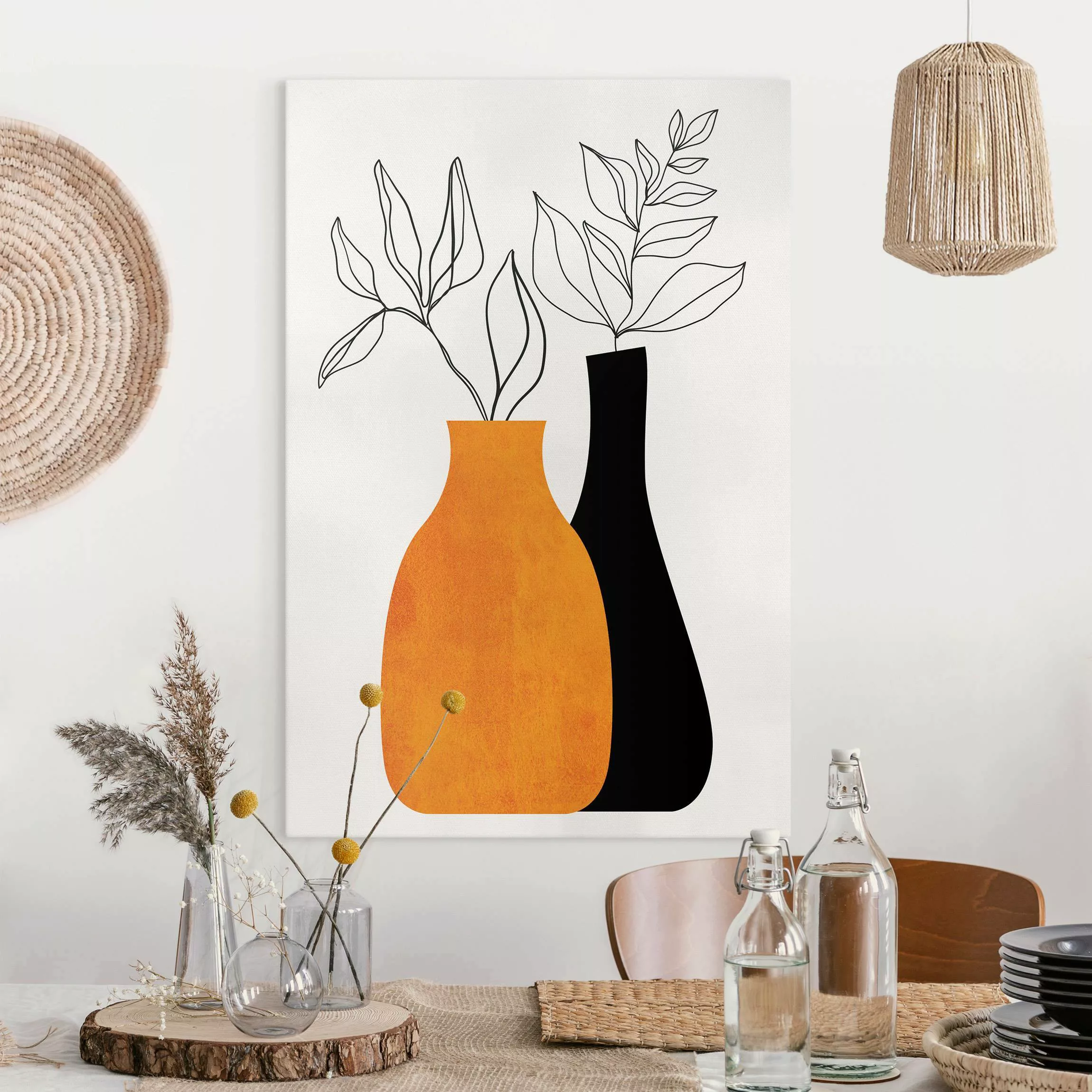 Leinwandbild Vasen mit illustrierten Zweigen günstig online kaufen
