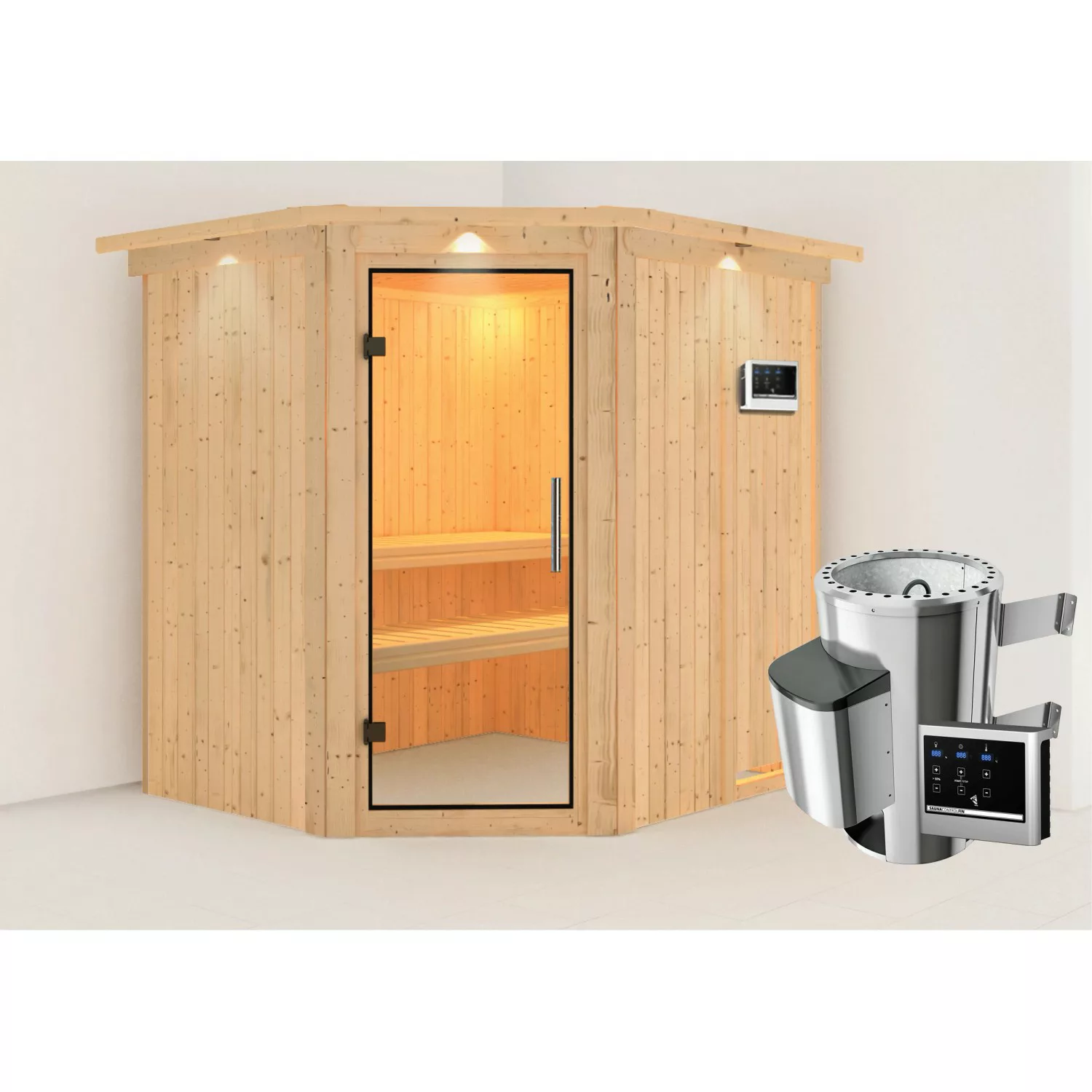 Karibu Sauna Livia mit Ofen externe Stg.Easy LED-Dachkranz Natur günstig online kaufen