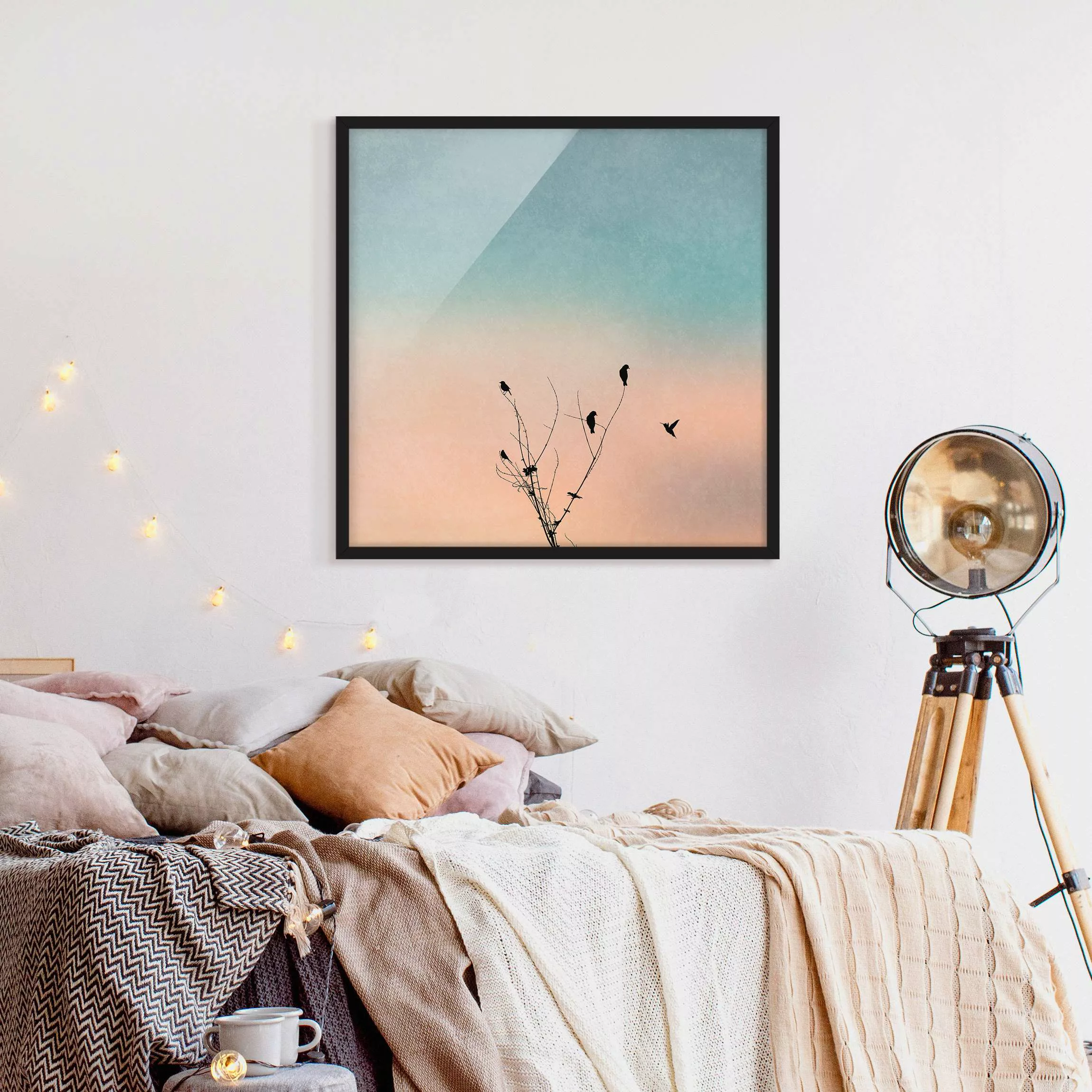 Bild mit Rahmen Vögel vor rosa Sonne II günstig online kaufen