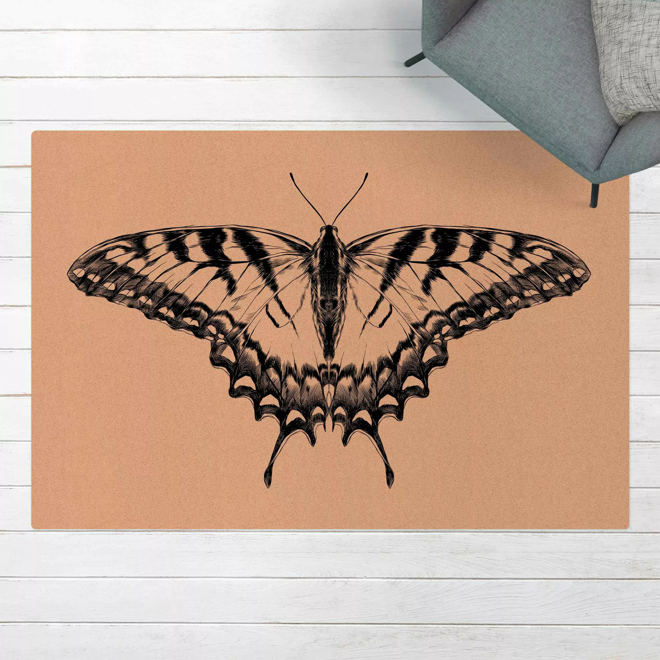 Kork-Teppich Illustration fliegender Tiger Schwalbenschwanz Schwarz günstig online kaufen