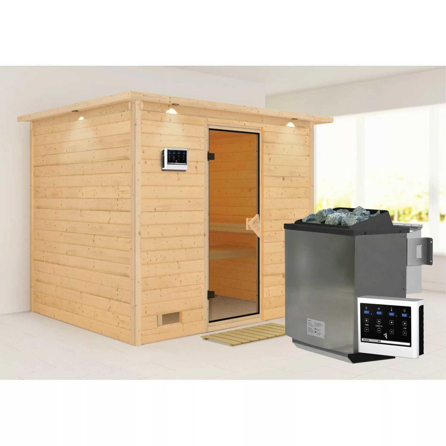 Karibu Sauna Sarina mit Bio-Ofen externe Stg.LED-Dachkranz Natur günstig online kaufen