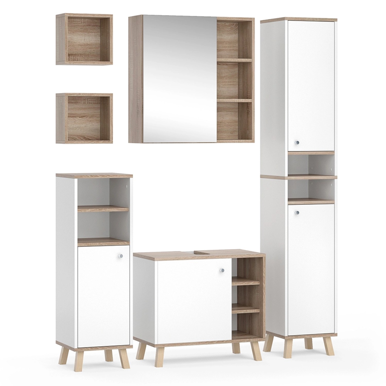 Vicco Badmöbel-Set Senyo Weiß/Sonoma 5 Teile mit Hochschrank günstig online kaufen