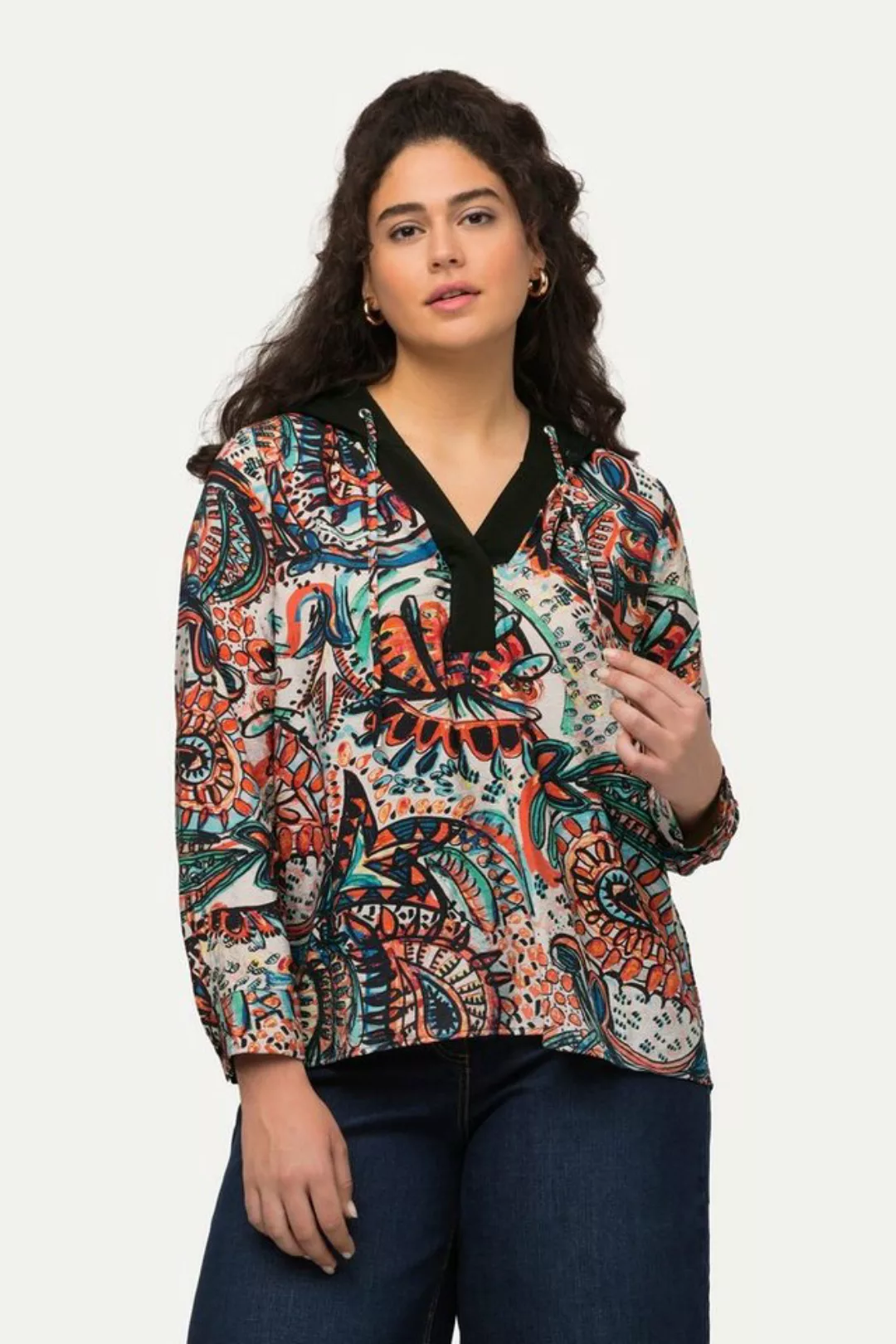 Ulla Popken Longbluse Kapuzen-Bluse Paisley A-Linie V-Ausschnitt Langarm günstig online kaufen