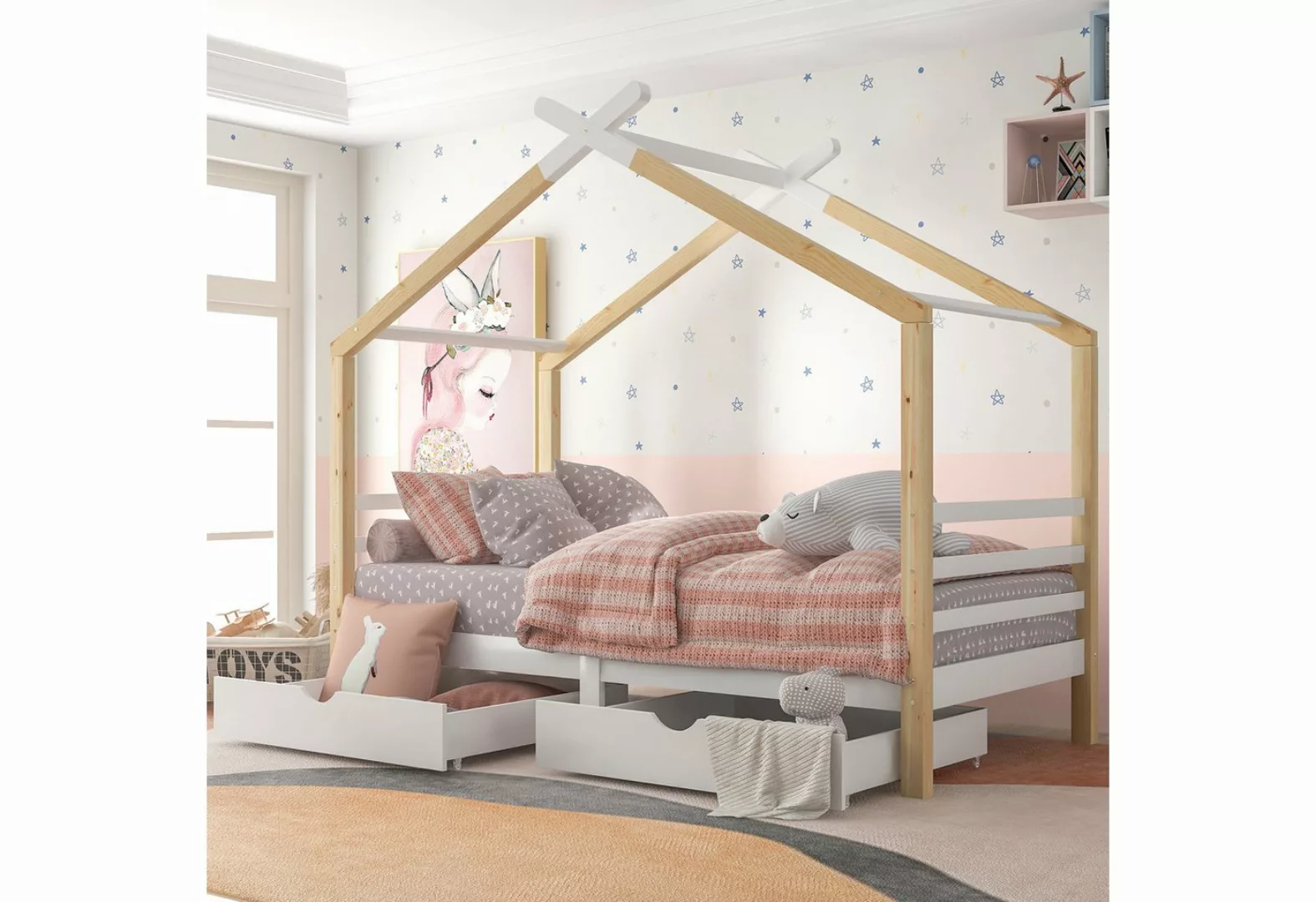 Flieks Kinderbett (1-tlg), Hausbett mit 2 Schubladen Massivholzbett 90x190c günstig online kaufen