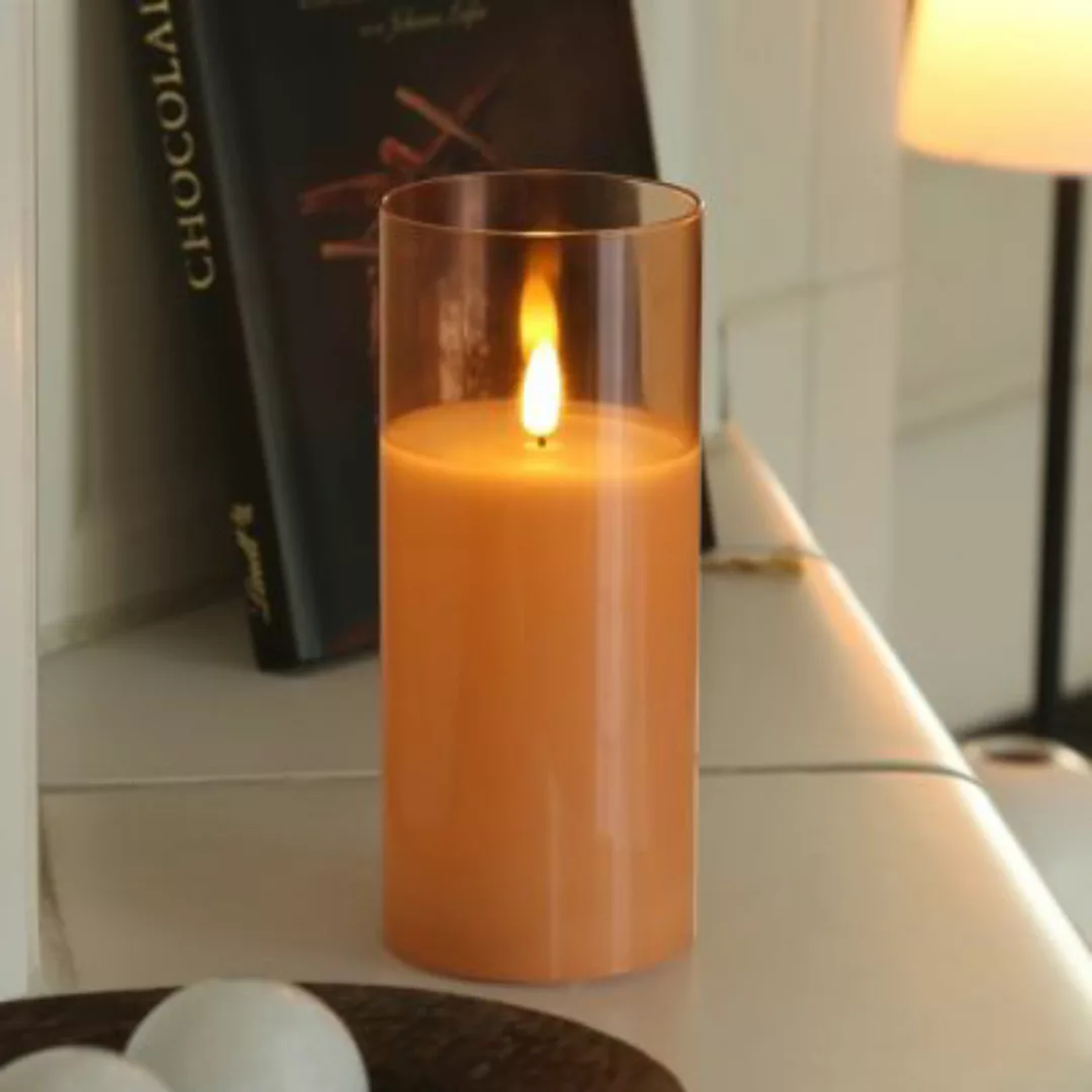 MARELIDA LED Kerze im Glas Windlicht flackernd D: 7,5cm H: 17,5cm orange günstig online kaufen