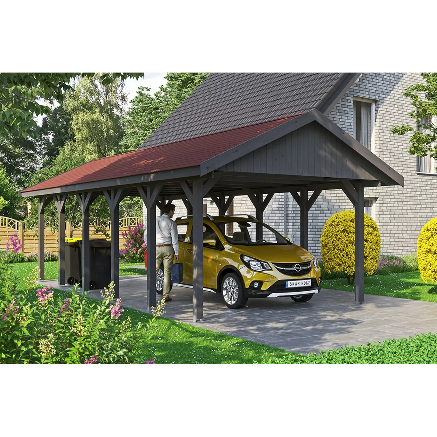 Satteldach-Carport Wallgau Schiefergrau 430 x 900 cm rote Schindeln günstig online kaufen