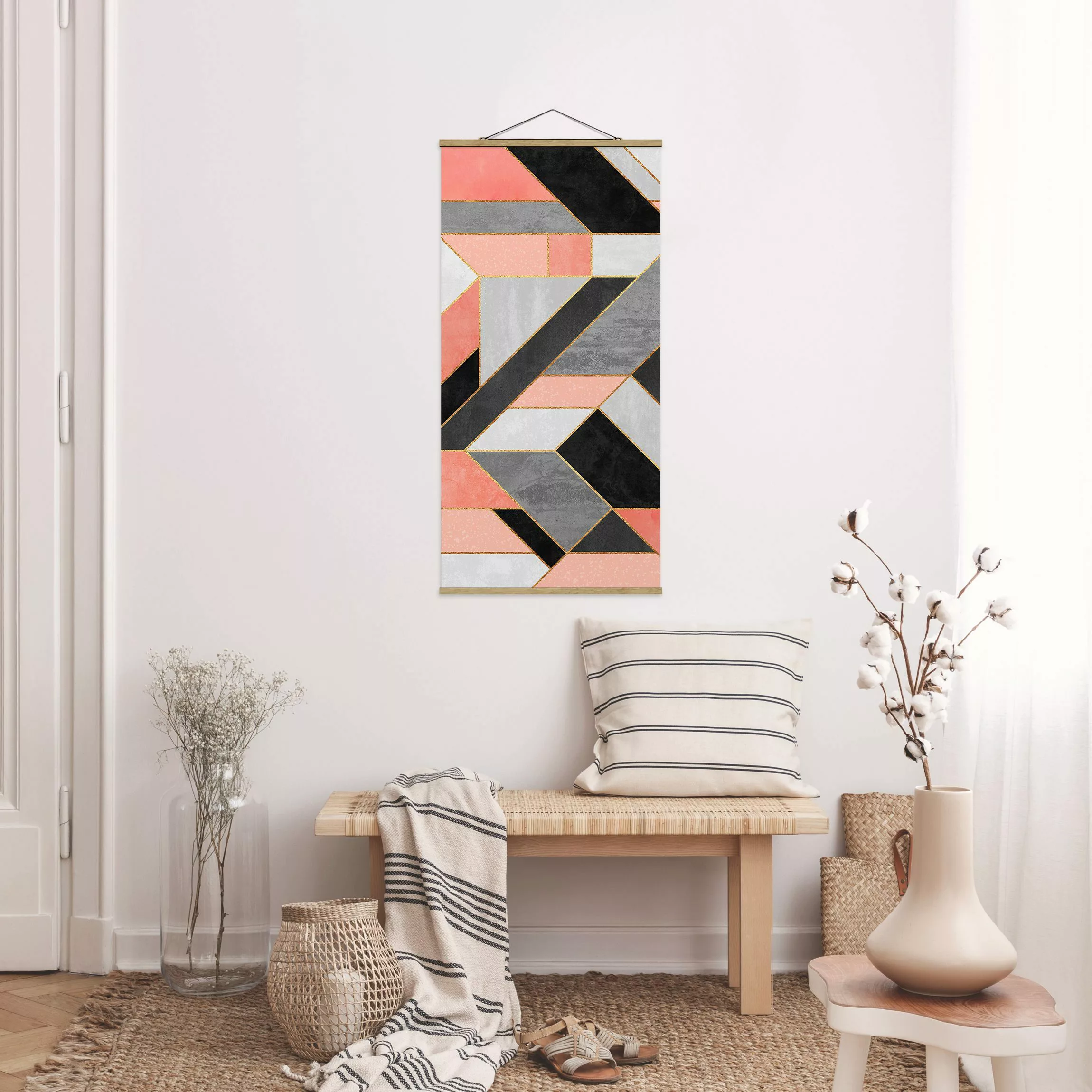 Stoffbild Abstrakt mit Posterleisten - Hochformat Geometrie Rosa und Gold günstig online kaufen