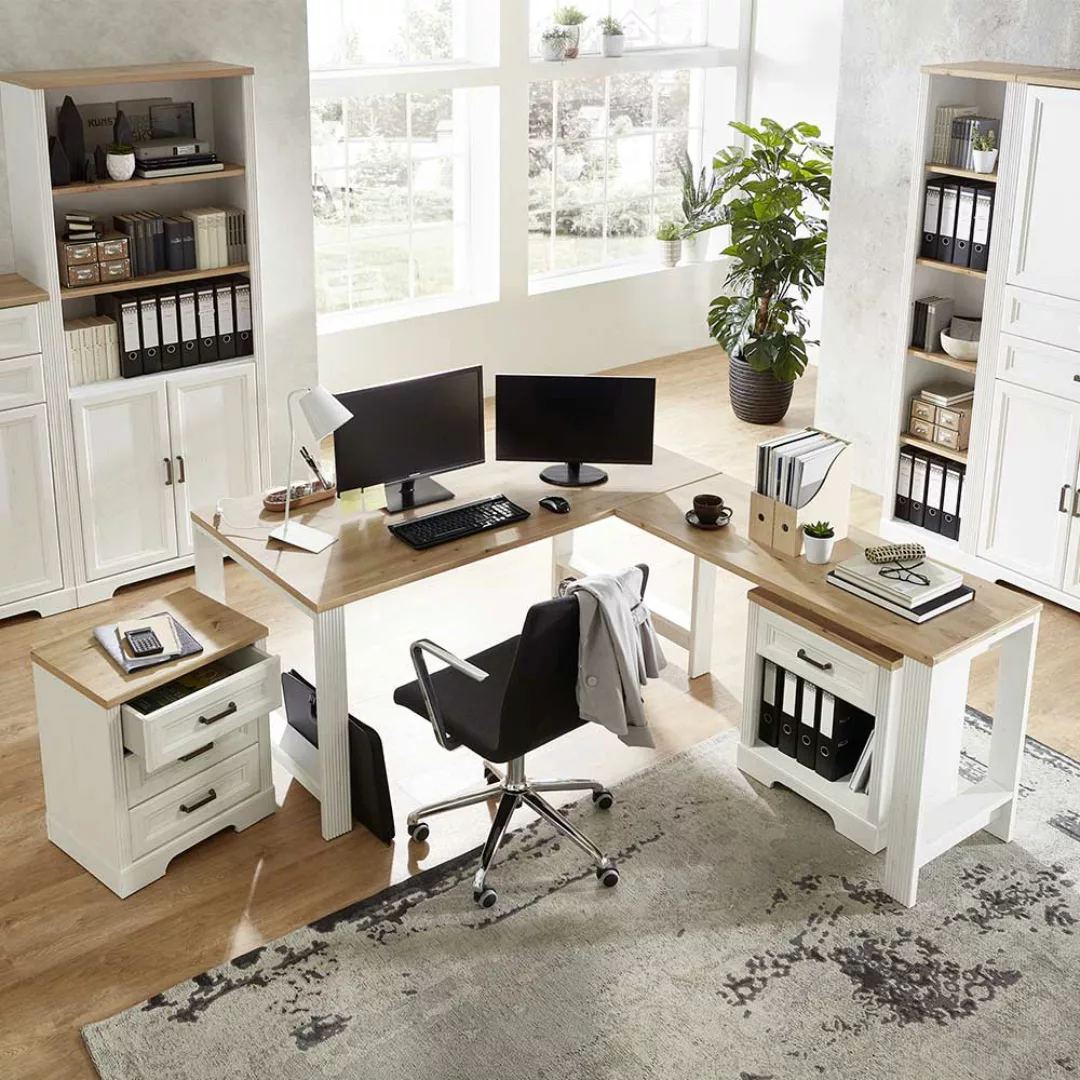 Schreibtisch Set im Landhausstil Weiß & Eichefarben (dreiteilig) günstig online kaufen