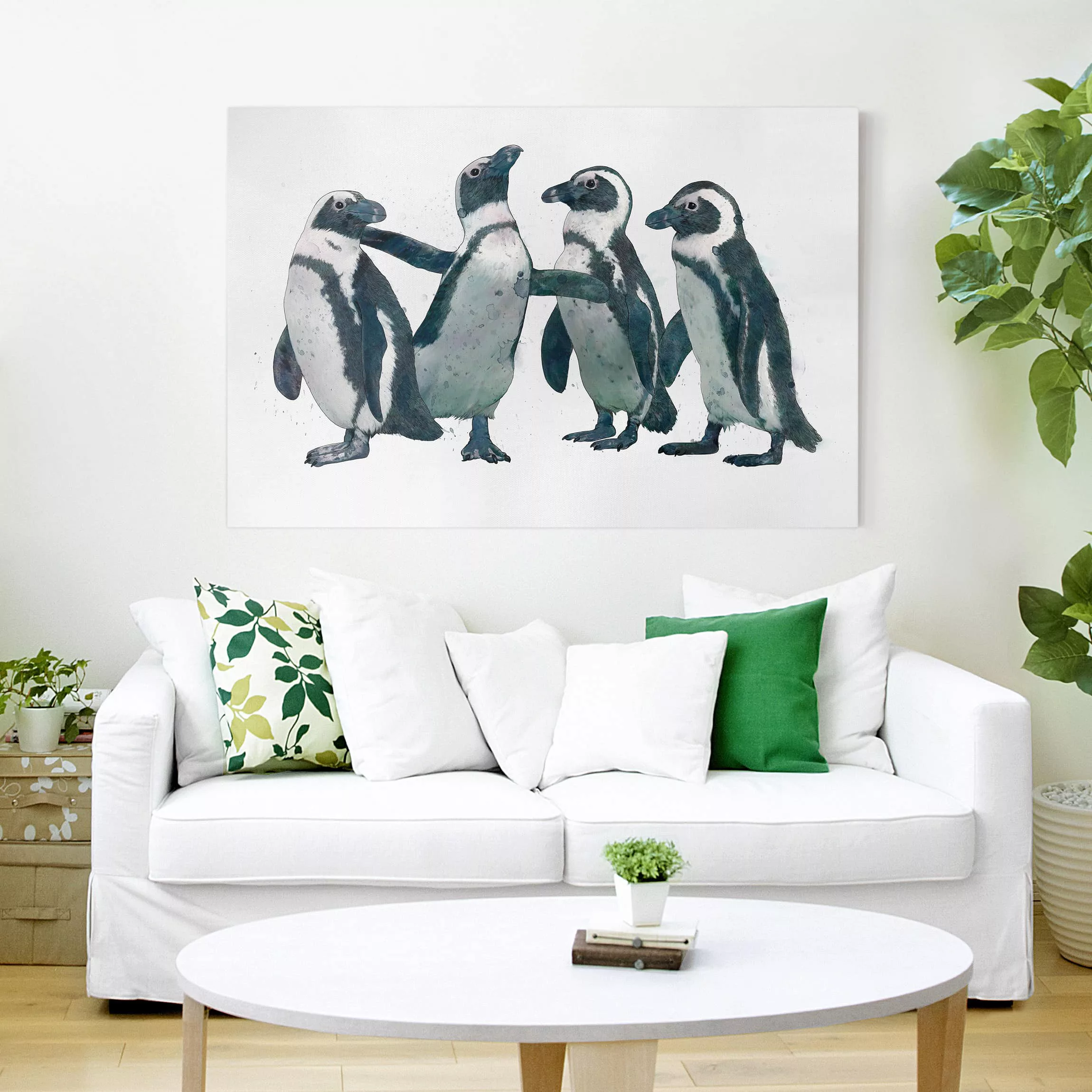 Leinwandbild Tiere - Querformat Illustration Pinguine Schwarz Weiß Aquarell günstig online kaufen