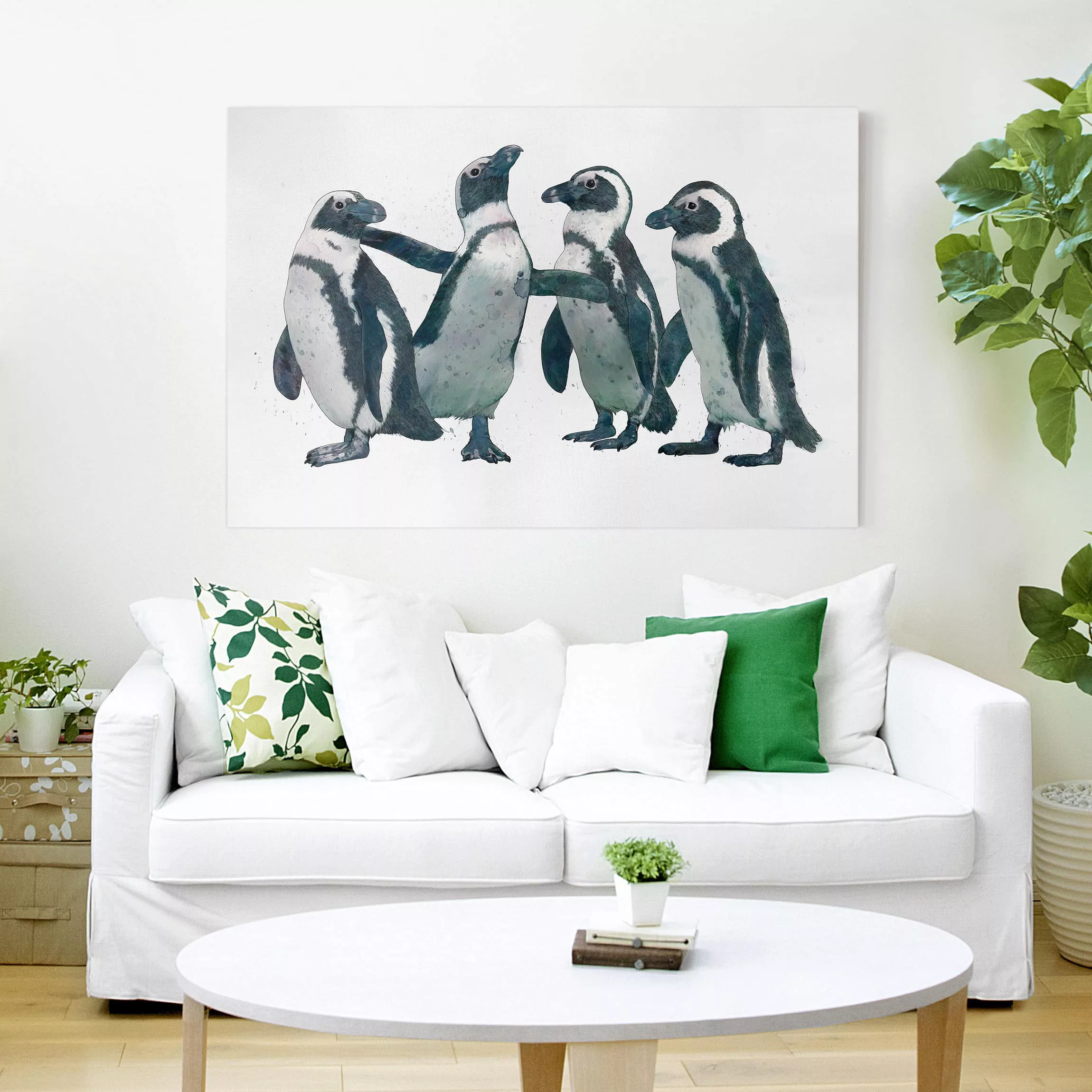 Leinwandbild - Querformat Illustration Pinguine Schwarz Weiß Aquarell günstig online kaufen