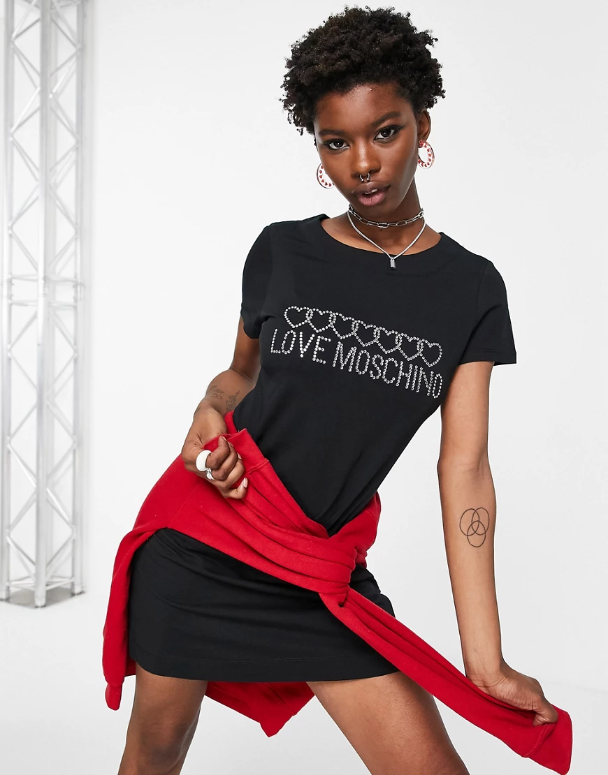 Love Moschino – Minikleid in Schwarz mit Kristall-Logo günstig online kaufen