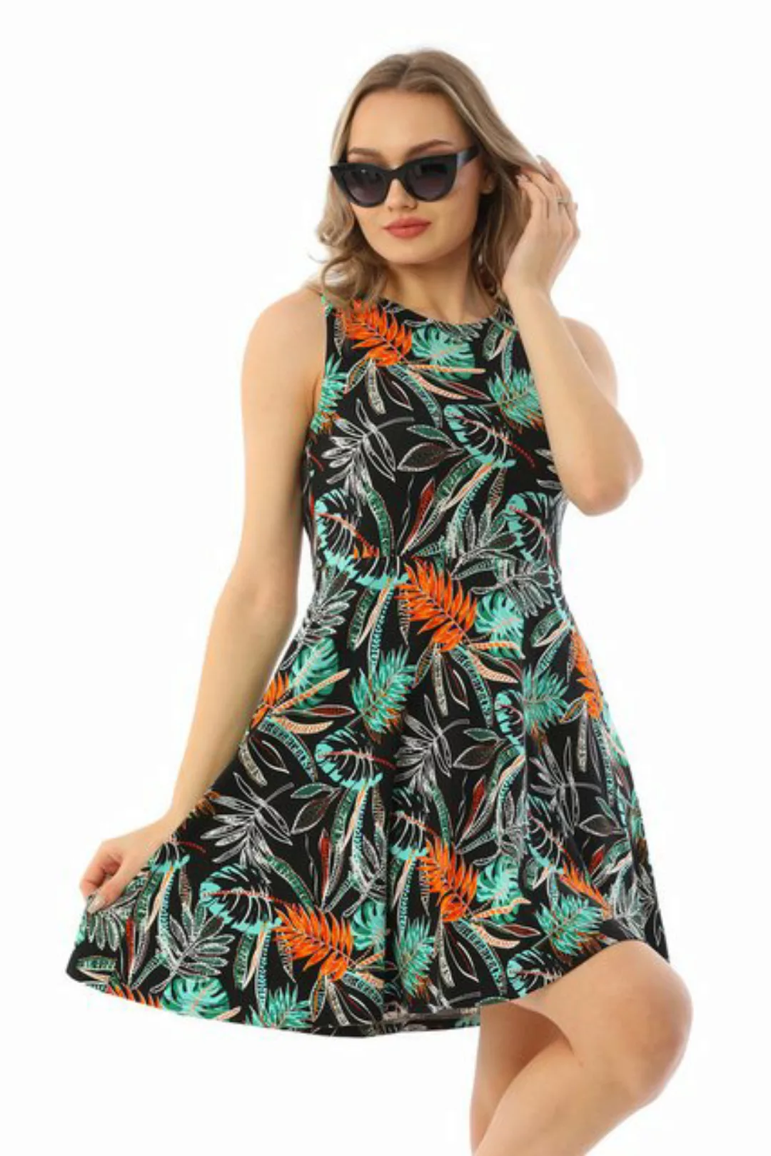Bongual Jerseykleid Sommerkleid ohne Ärmel mit Palmenblätter Muster günstig online kaufen