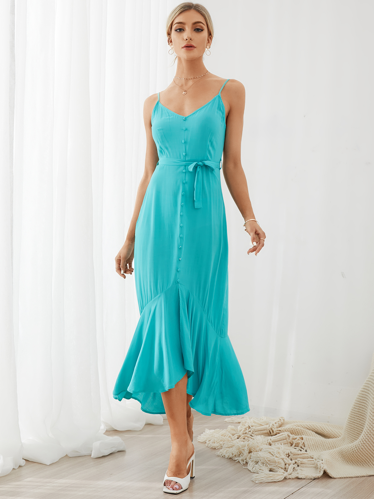 YOINS Gürteldesign Knopf vorne ärmellos Maxi Kleid günstig online kaufen