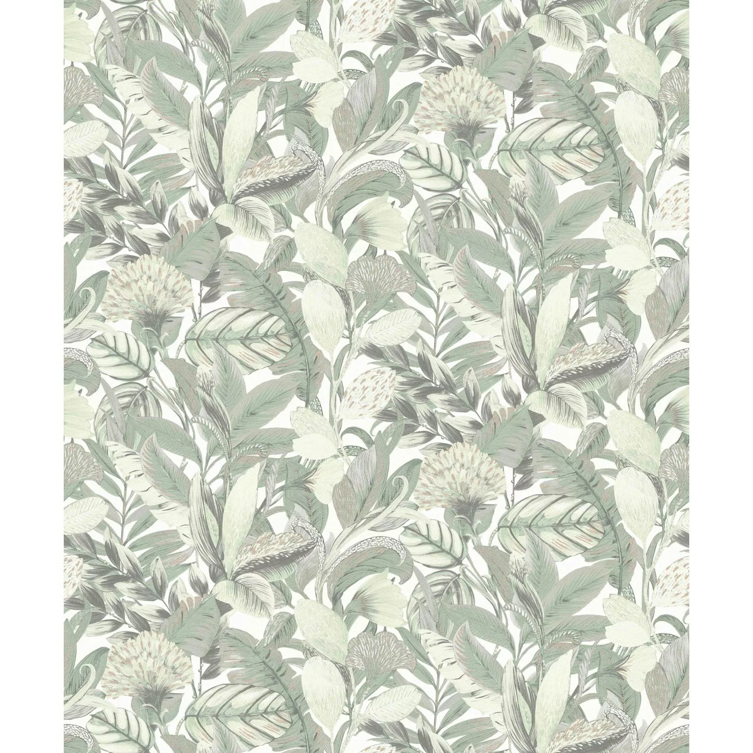Bricoflor Blätter Tapete Gemalt Moderne Vliestapete in Weiß Grün mit Blumen günstig online kaufen