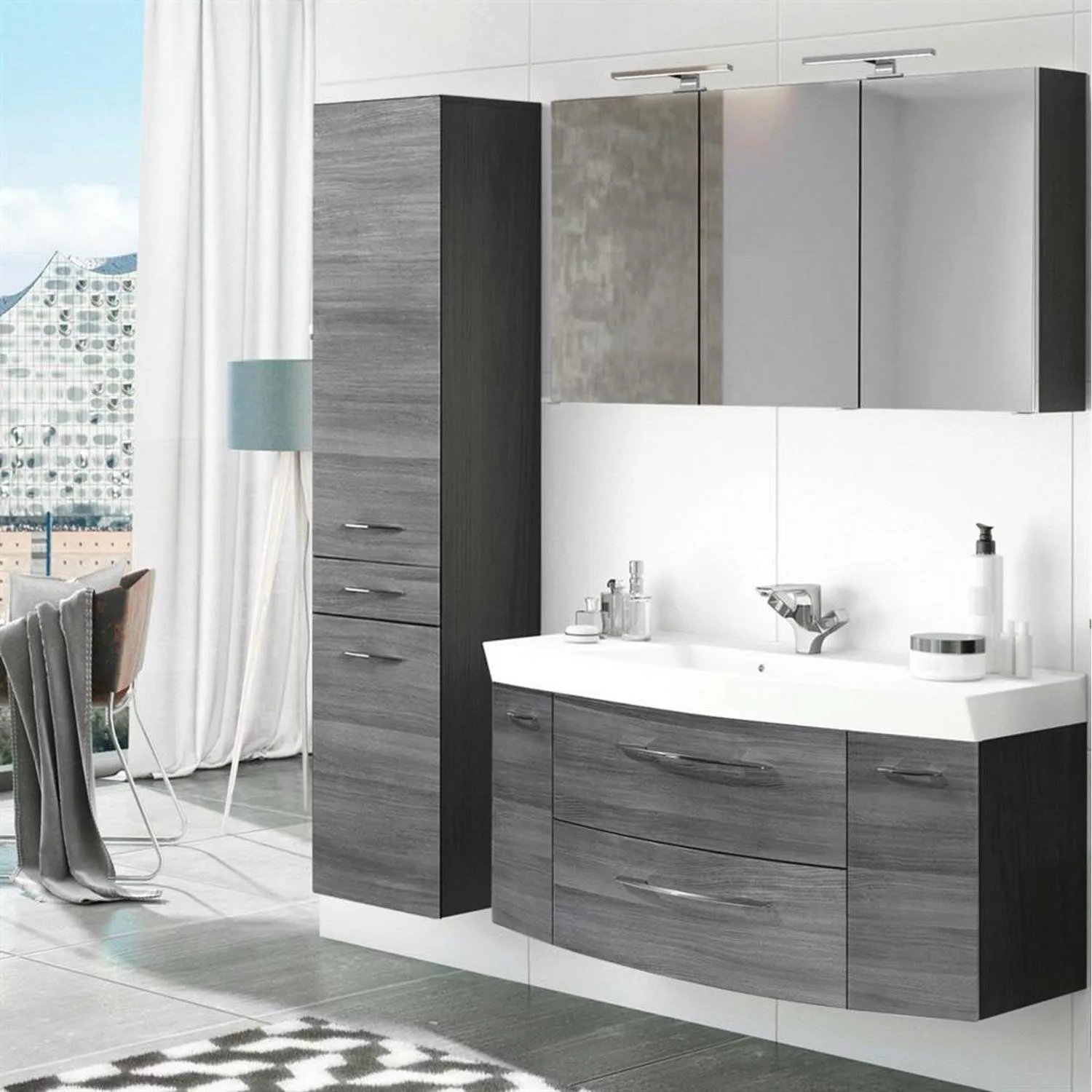 Badezimmer Waschplatz Set 3-tlg mit 120cm Waschtisch & Spiegelschrank FLORI günstig online kaufen