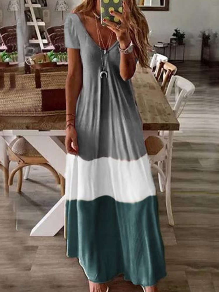 Bohemian Holiday Patchwork Tricolor Kurzarm Maxi Kleid mit V-Ausschnitt günstig online kaufen