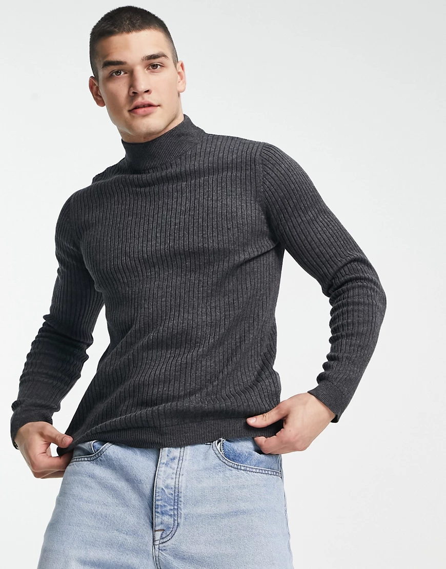 Brave Soul – Gerippter Pullover aus Baumwolle in Anthrazit mit Stehkragen-G günstig online kaufen