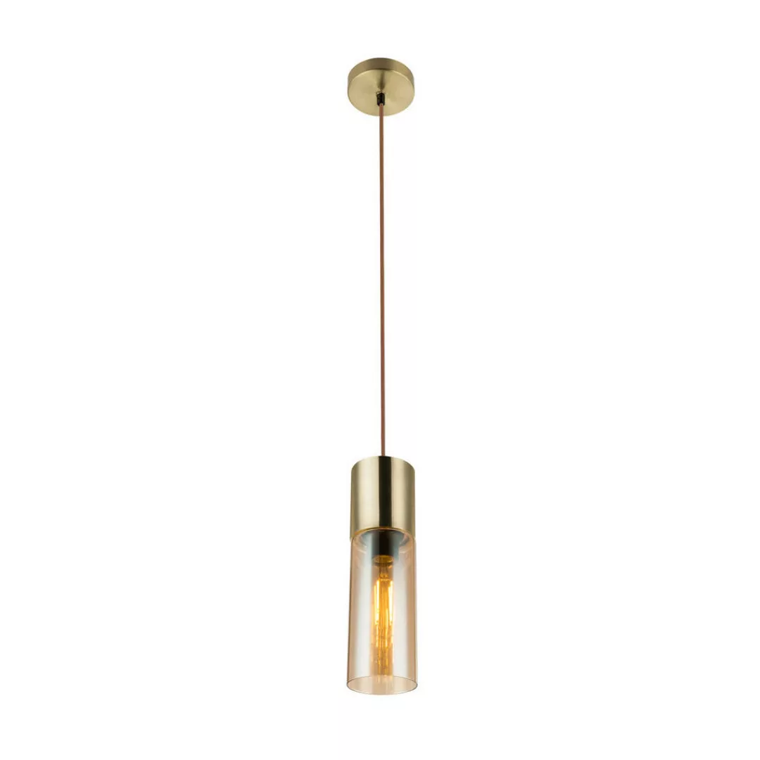 GLOBO Pendelleuchte messing amber Glas Metall H/D: ca. 152,5x10,5 cm E27 1 günstig online kaufen