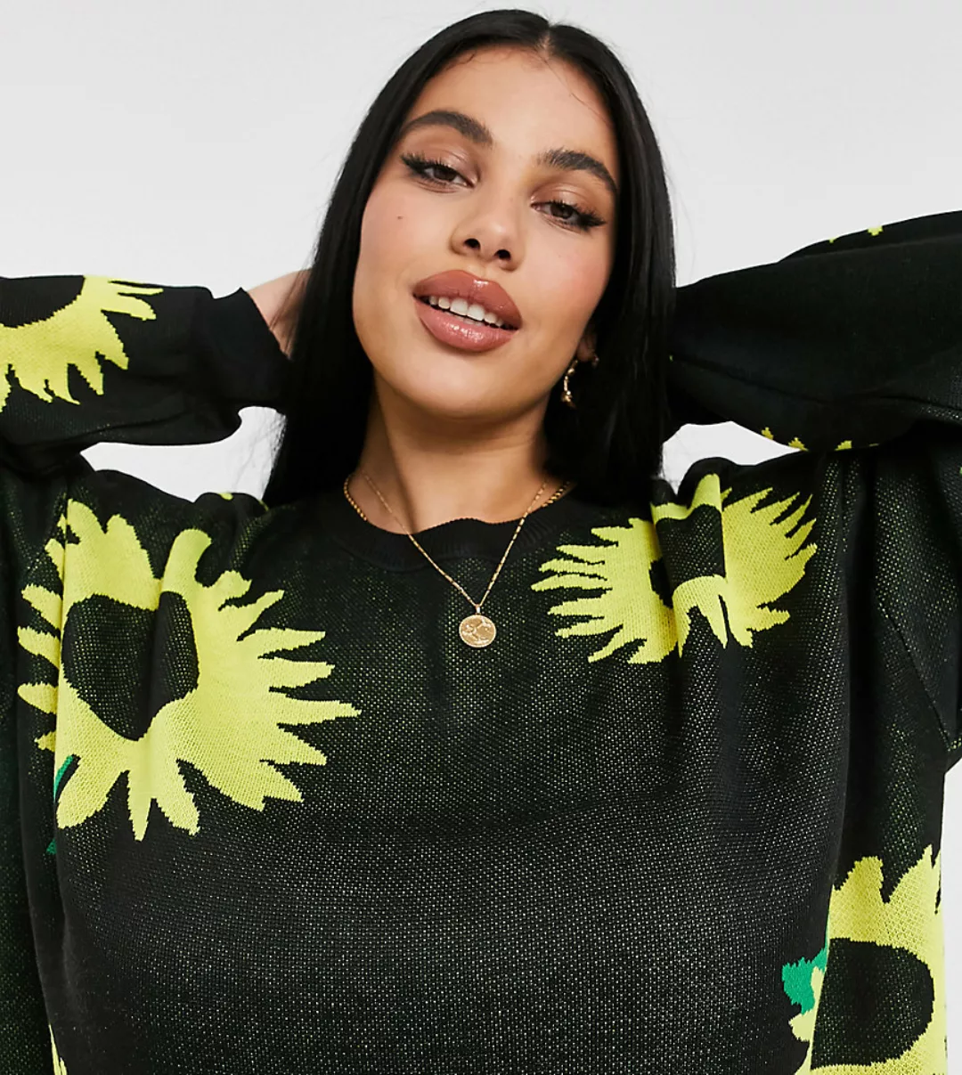 Daisy Street Plus – Übergroßer Pullover mit Sonnenblumenmuster-Schwarz günstig online kaufen