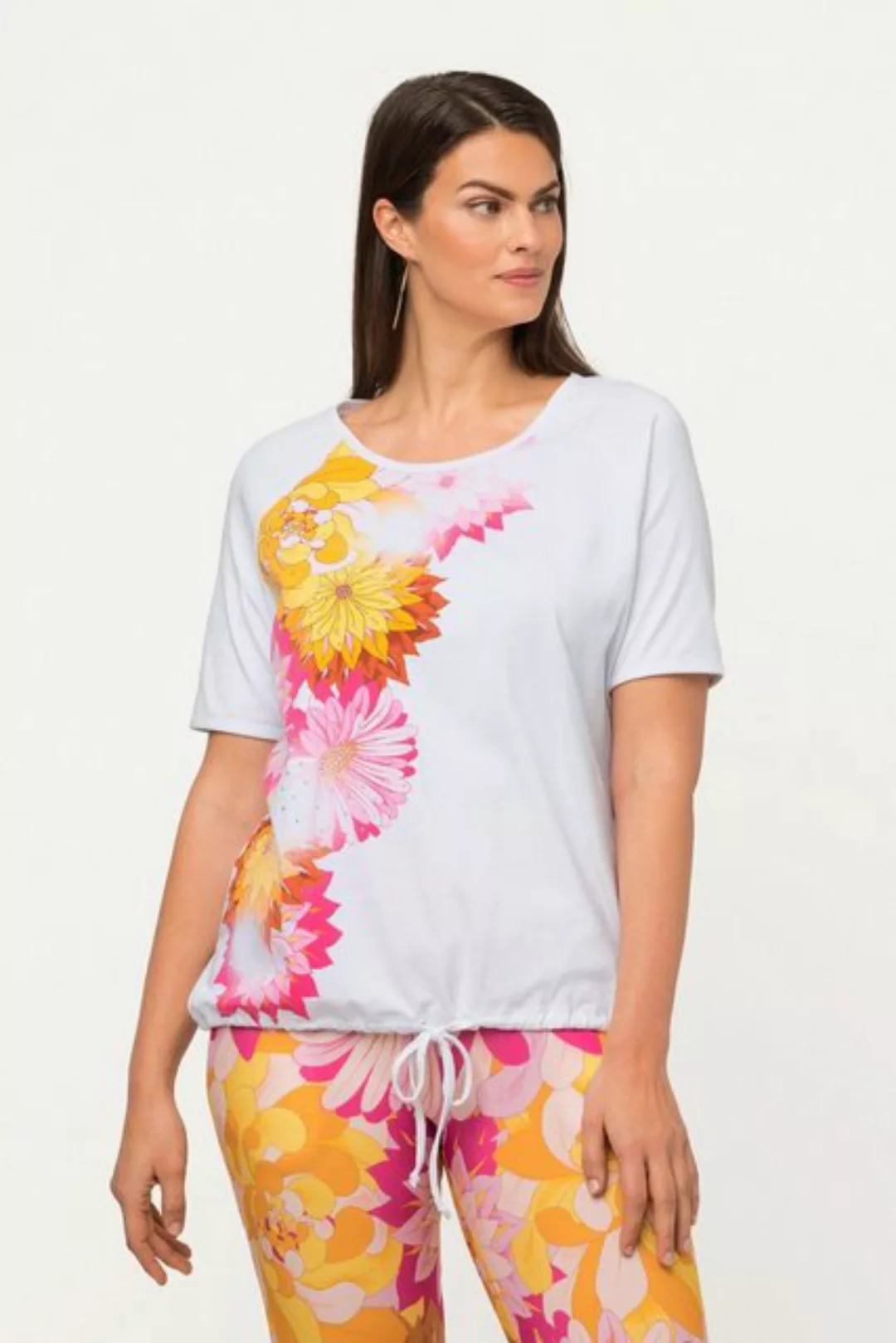 Ulla Popken Rundhalsshirt T-Shirt Blüten Oversized Saumband Rundhals Halbar günstig online kaufen