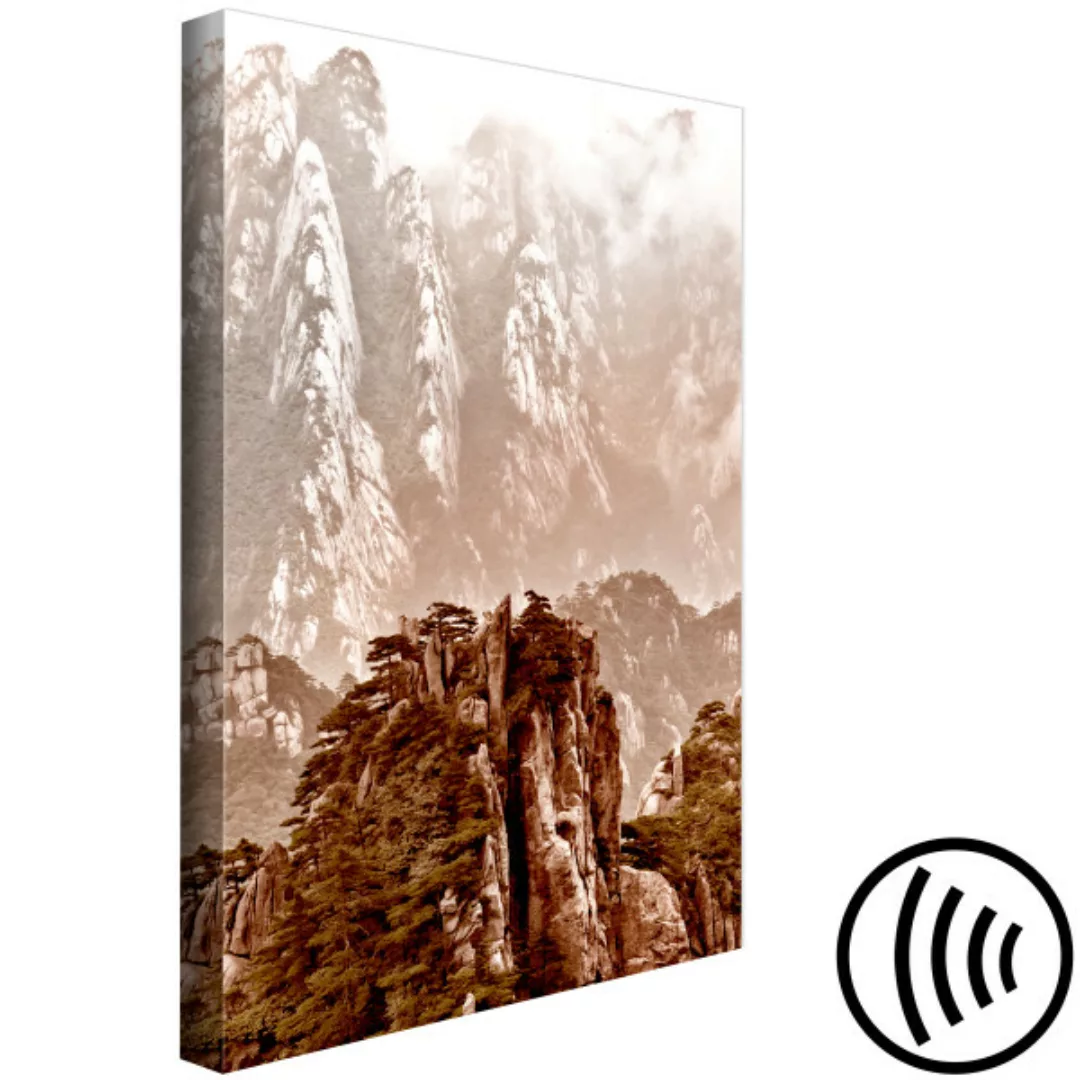 Leinwandbild Hohe Berge in Sepia - Landschaft mit einem Monolith im Vorderg günstig online kaufen