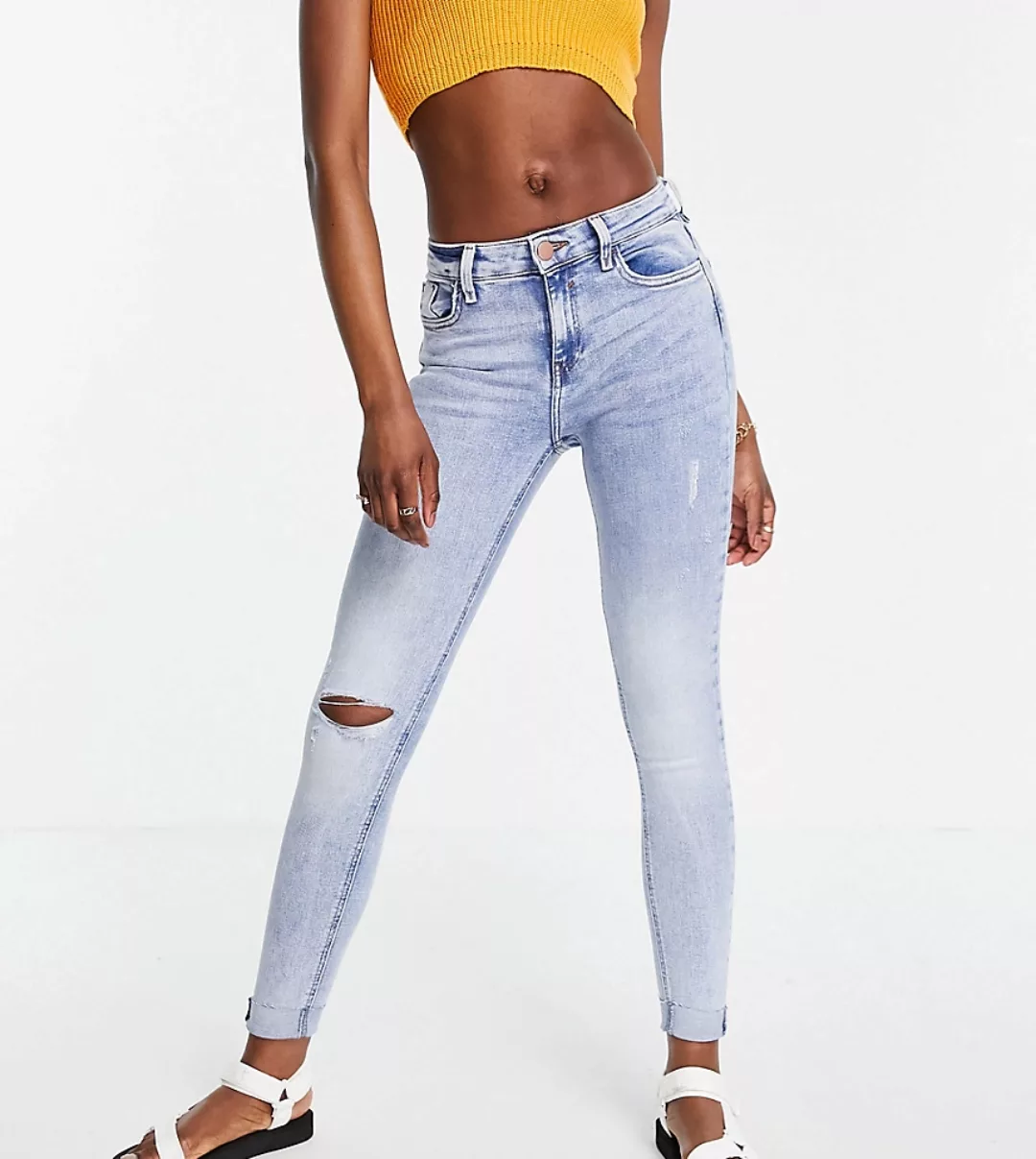 River Island Tall – Amelie – Enge Jeans mit Knierissen in Authentic-Mittelb günstig online kaufen
