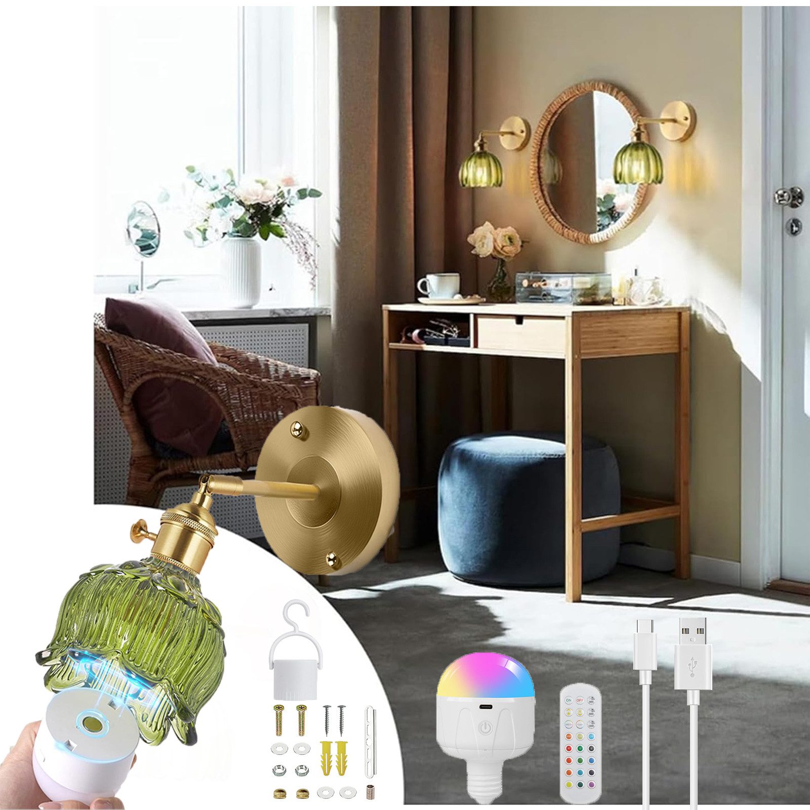 MUPOO Nachttischlampe Retro-Wandleuchte mit Floral Glasschirm, günstig online kaufen