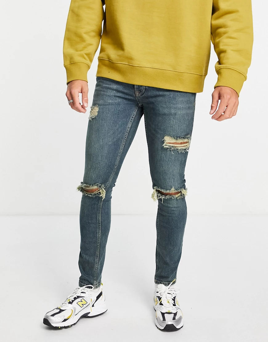 Topman – Jeans mit engem Schnitt, Rissen und Stretchanteil in Patinagrün, i günstig online kaufen