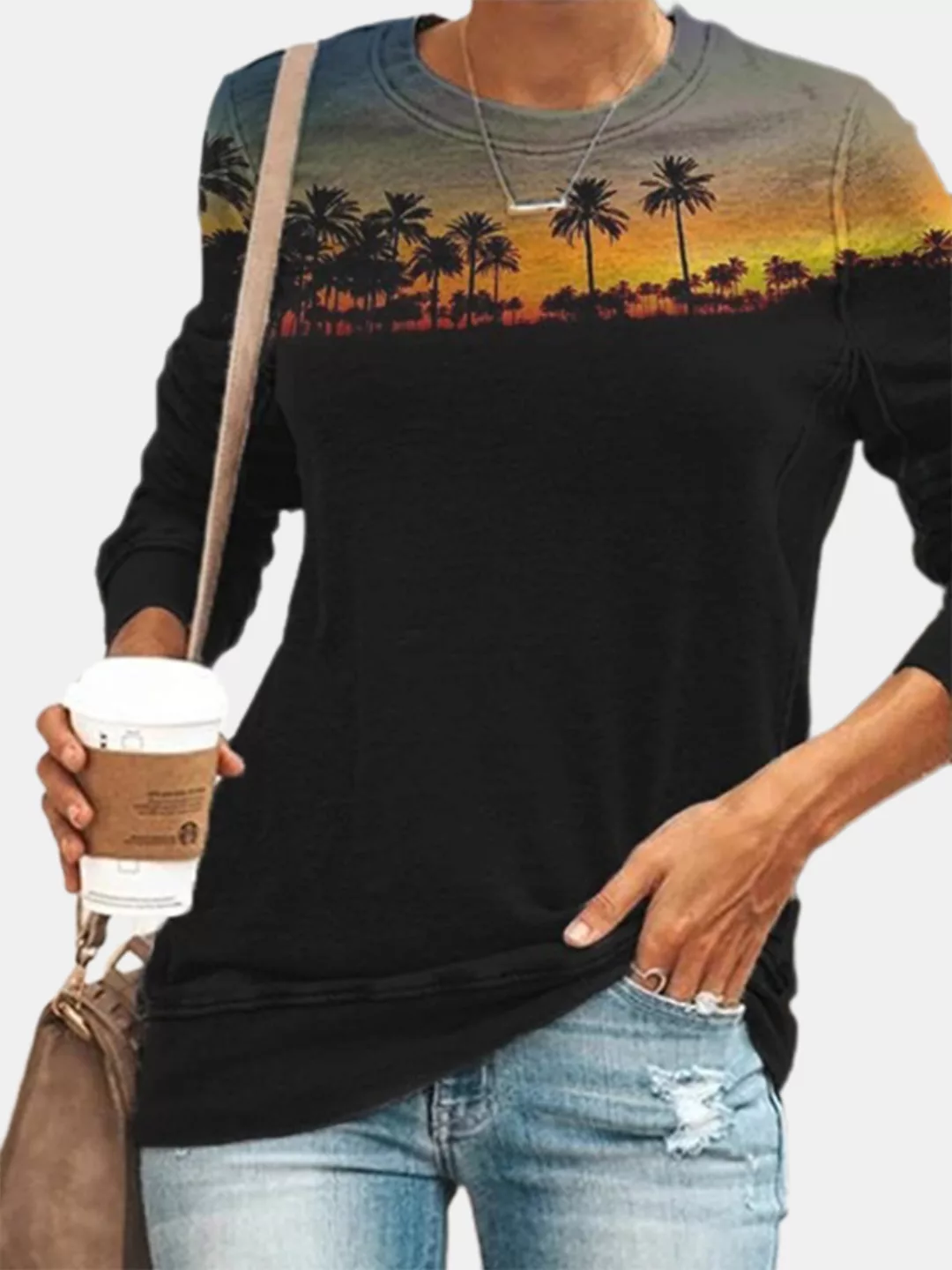 Sunset Tresses Print O-Ausschnitt Langarm Casual Plus Größe T-Shirt günstig online kaufen