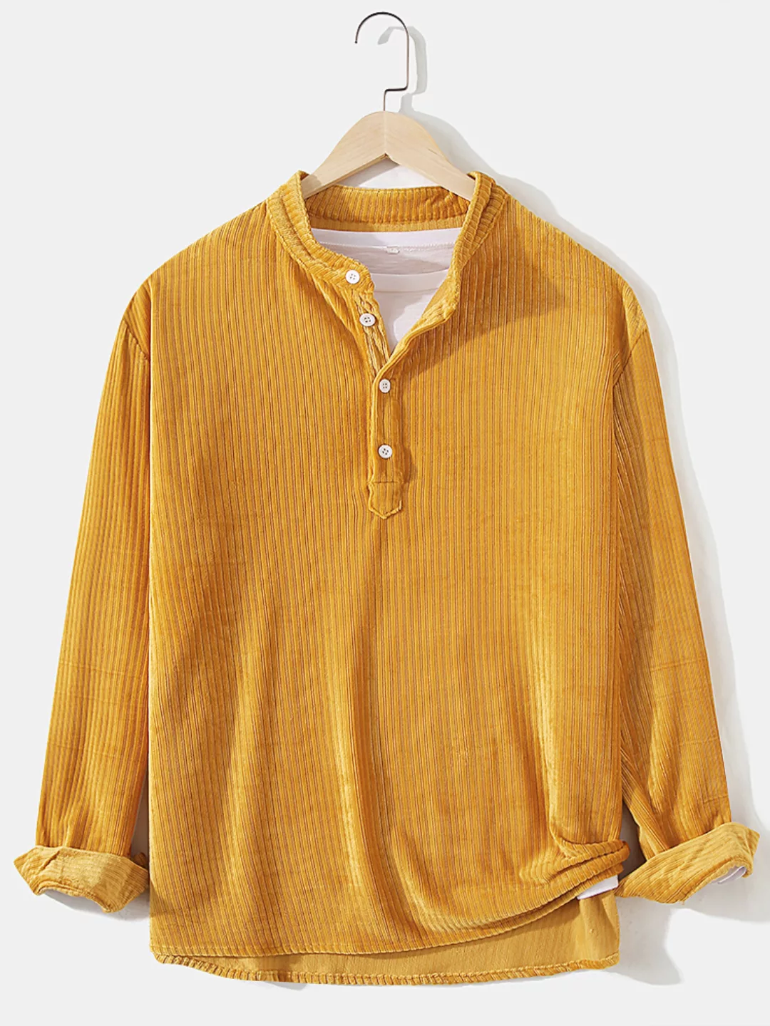 Herren Cord einfarbig Stehkragen lässig Langarm Henley Shirts günstig online kaufen