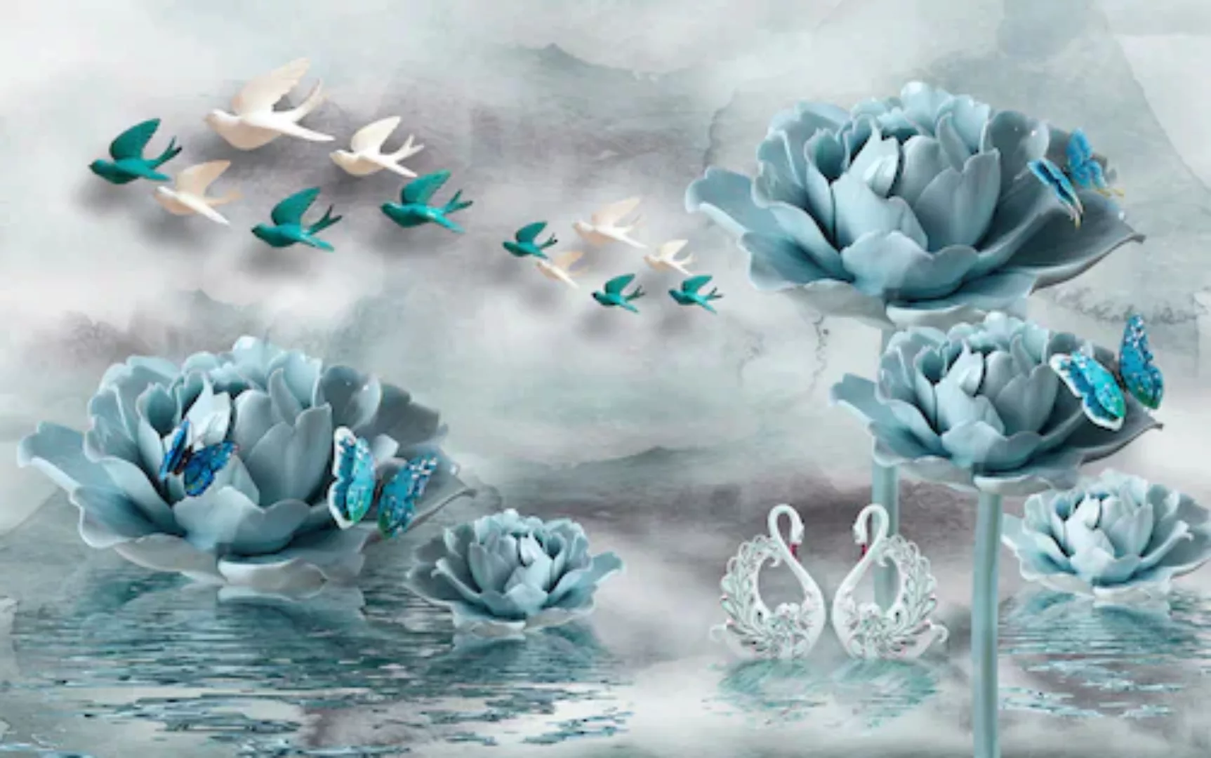 Papermoon Fototapete »Blumen mit Vögeln weiß blau« günstig online kaufen