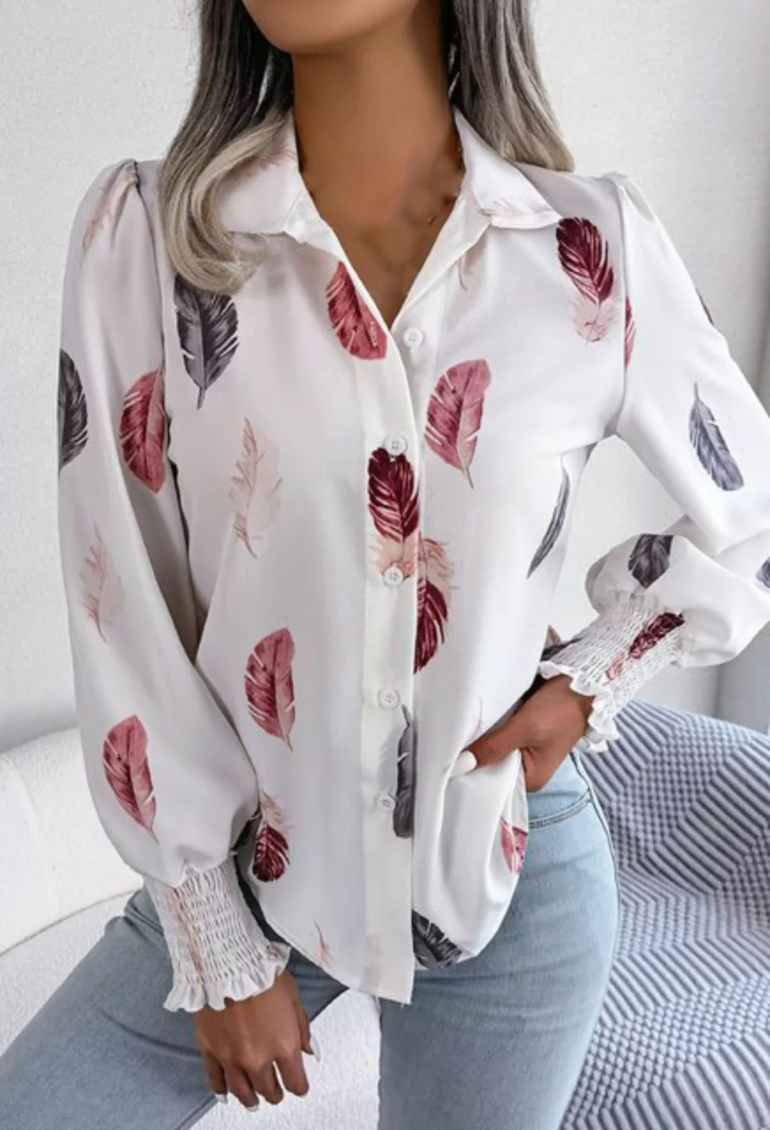 CHENIN Langarmhemd Damen Spring Summer Feather Print Blazer Kragen Top Busi günstig online kaufen