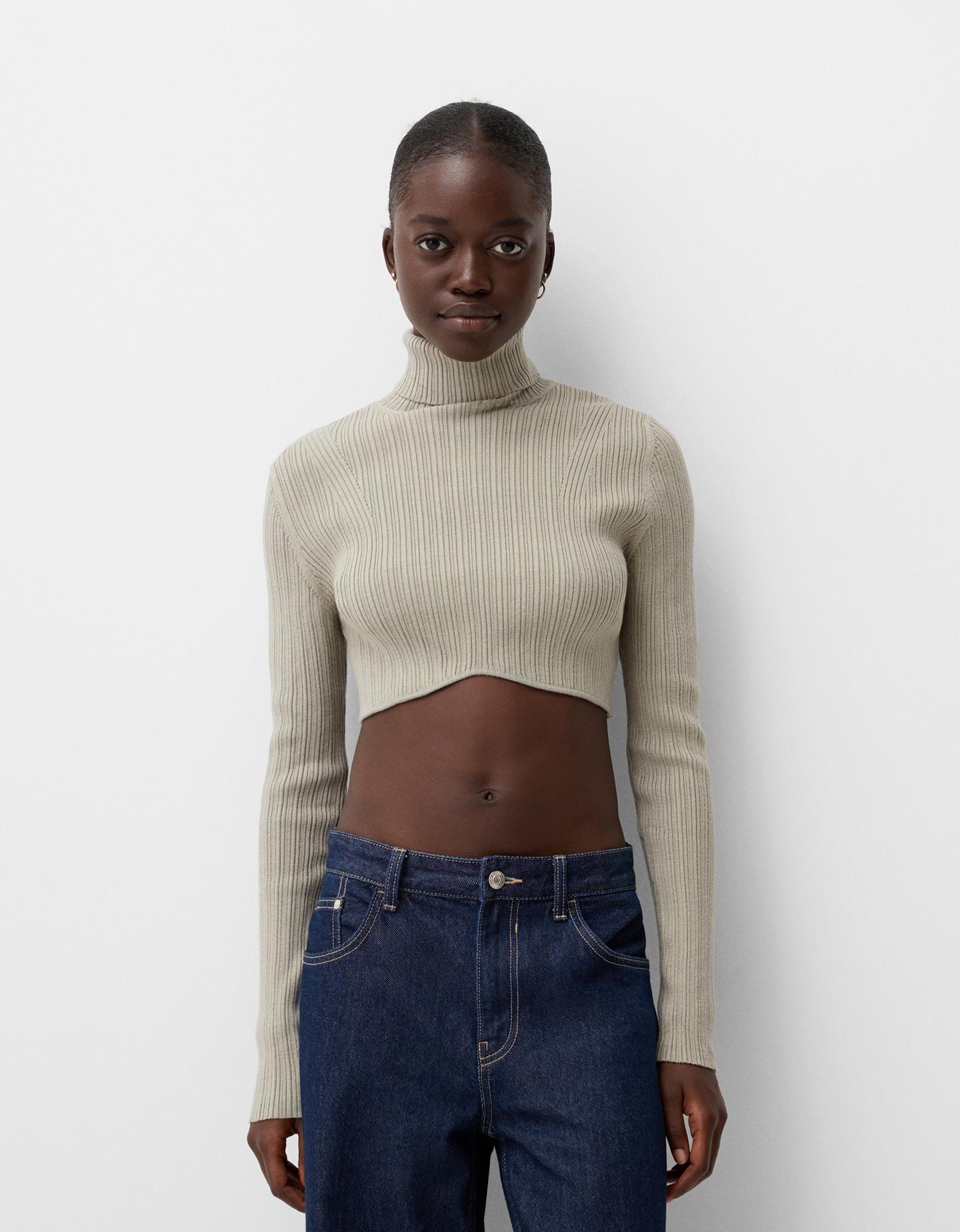 Bershka Cropped-Pullover Mit Rollkragen Und Patentmuster Damen Xs Khaki günstig online kaufen