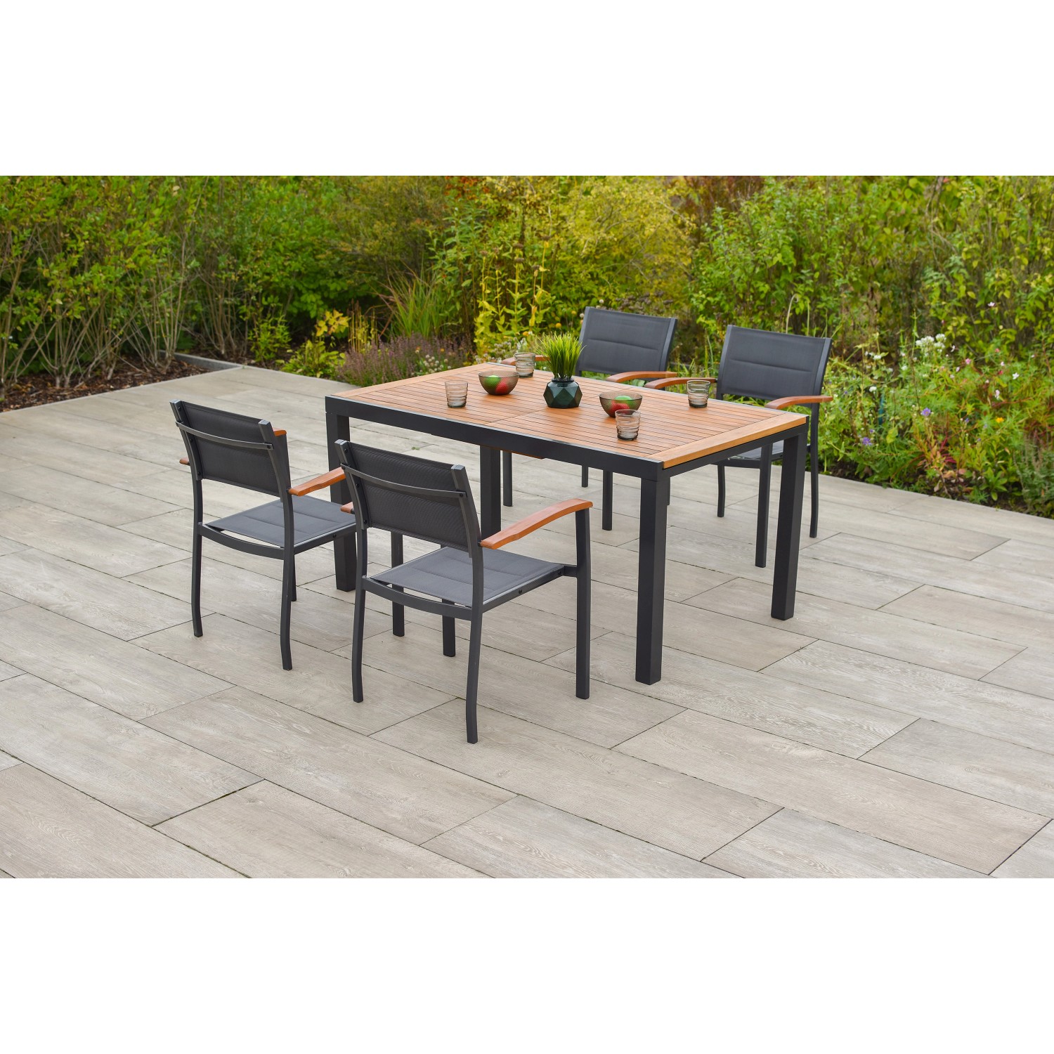 Merxx Paxos Set 5-tlg. 4 Stapelsessel Gartentisch Ausziehbar Tischplatte Ak günstig online kaufen