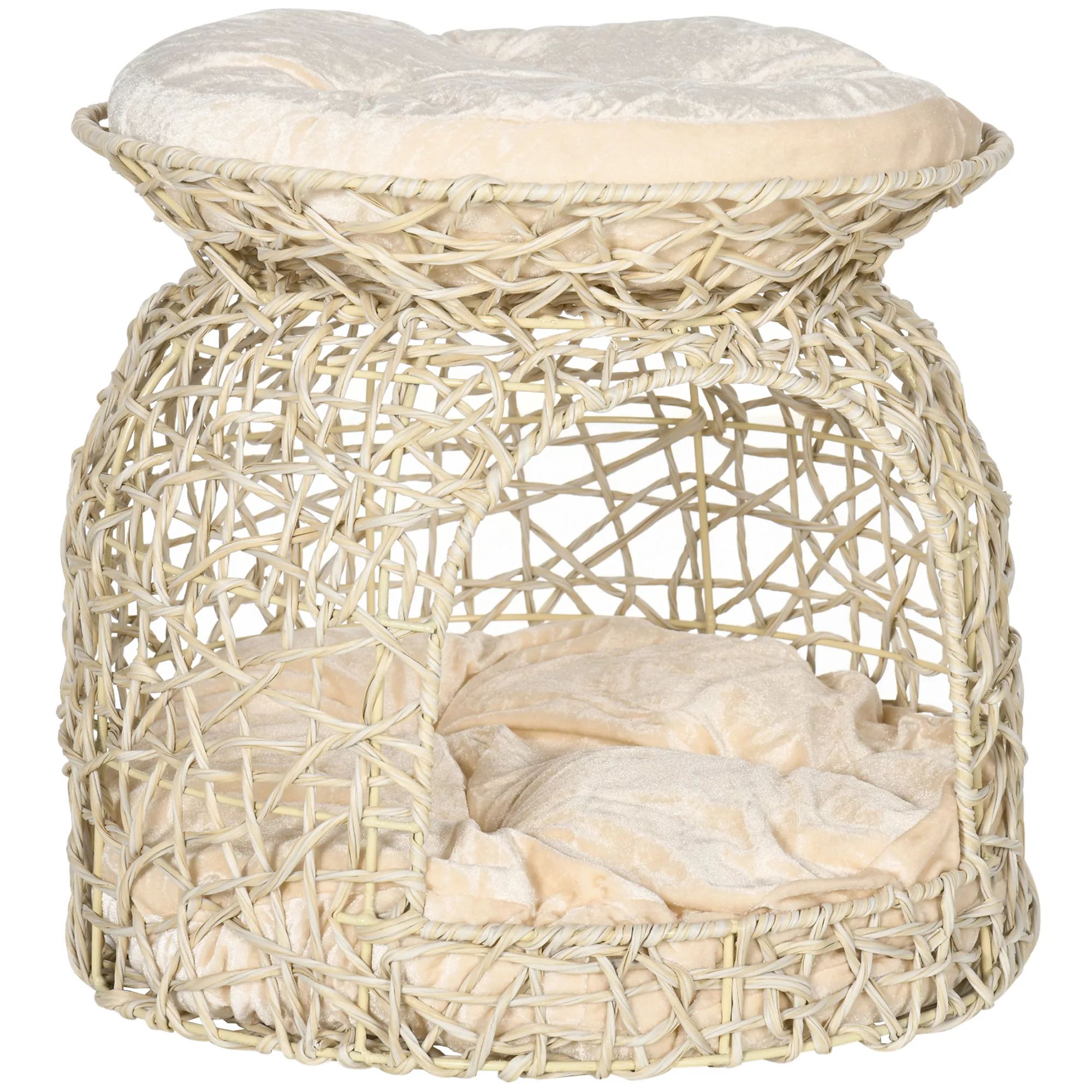 PawHut Katzenhöhle aus Rattan 2 Etagen Katzenhaus mit Kissen Beige 42x42x40 günstig online kaufen