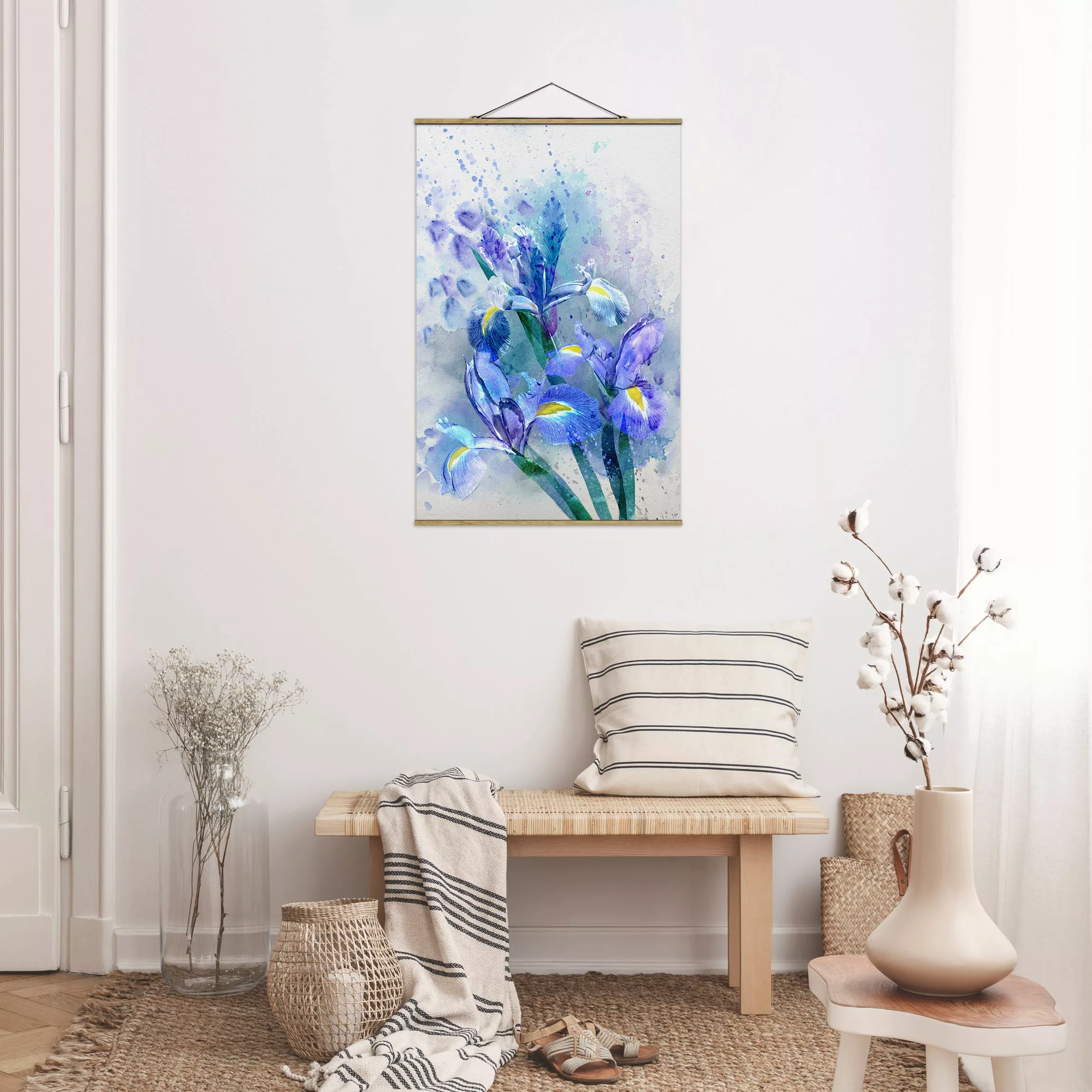 Stoffbild Blumen mit Posterleisten - Hochformat Aquarell Blumen Iris günstig online kaufen