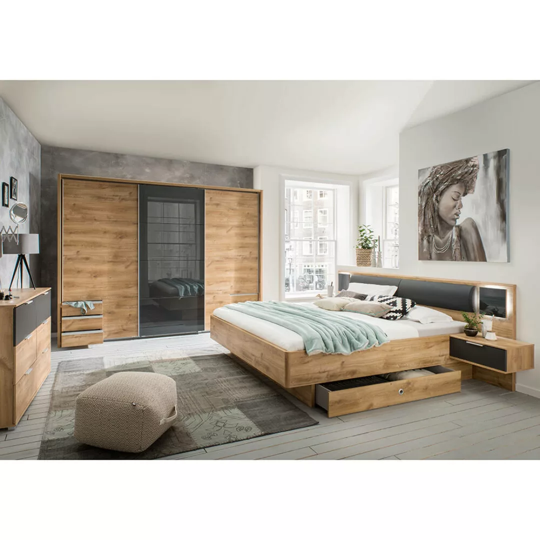 Schlafzimmer Set 5-teilig VIESTE-43 mit Bett 160x200 in graphit mit Eiche günstig online kaufen