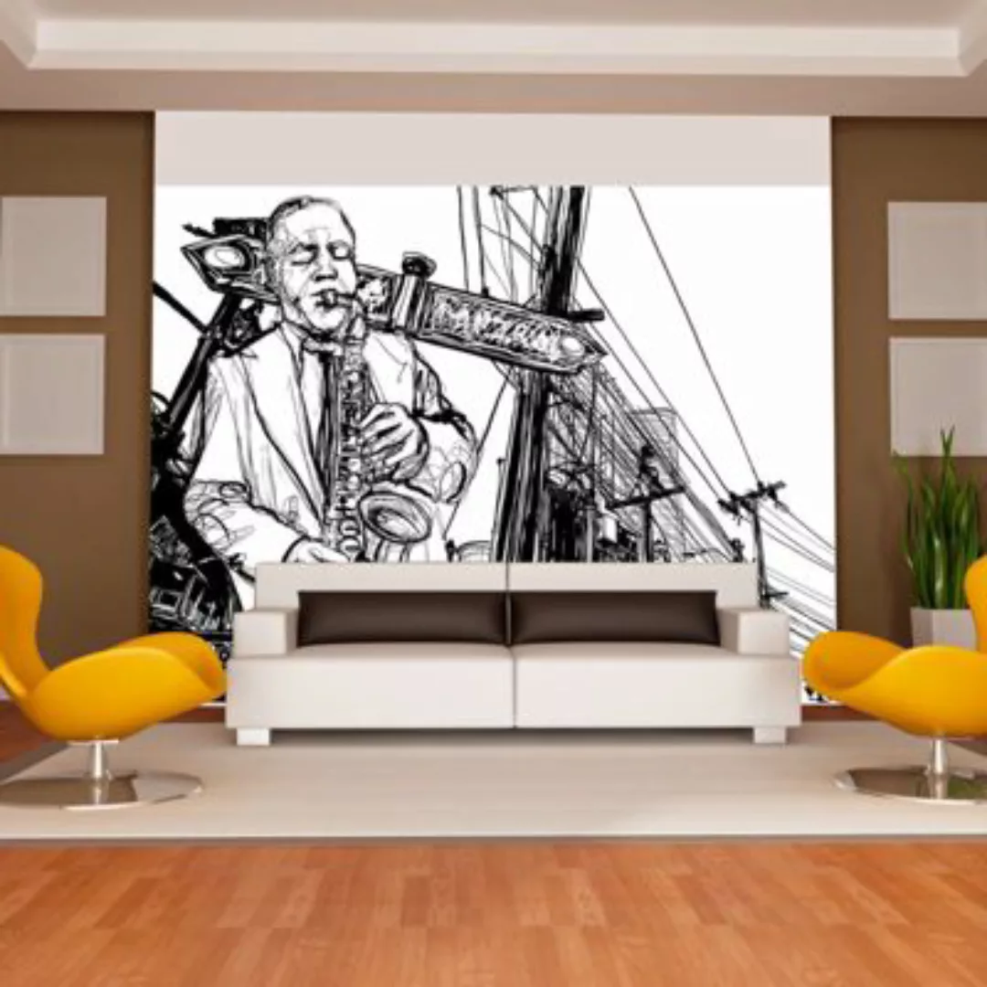 artgeist Fototapete Saxophone recital on Broadway schwarz/weiß Gr. 250 x 19 günstig online kaufen