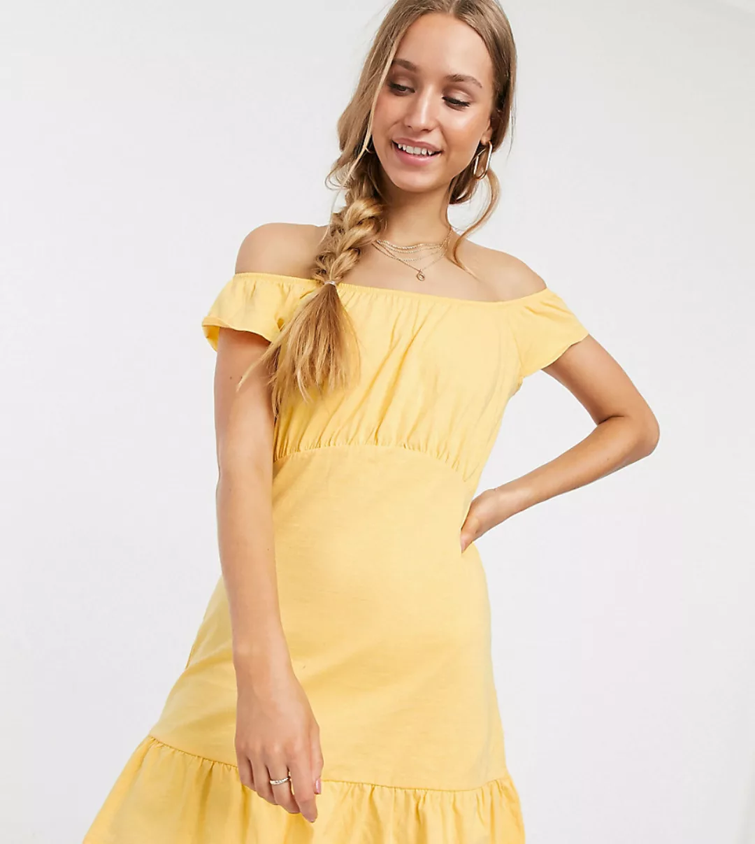 ASOS DESIGN Tall – Schulterfreies Mini-Sommerkleid mit Schößchensaum in But günstig online kaufen