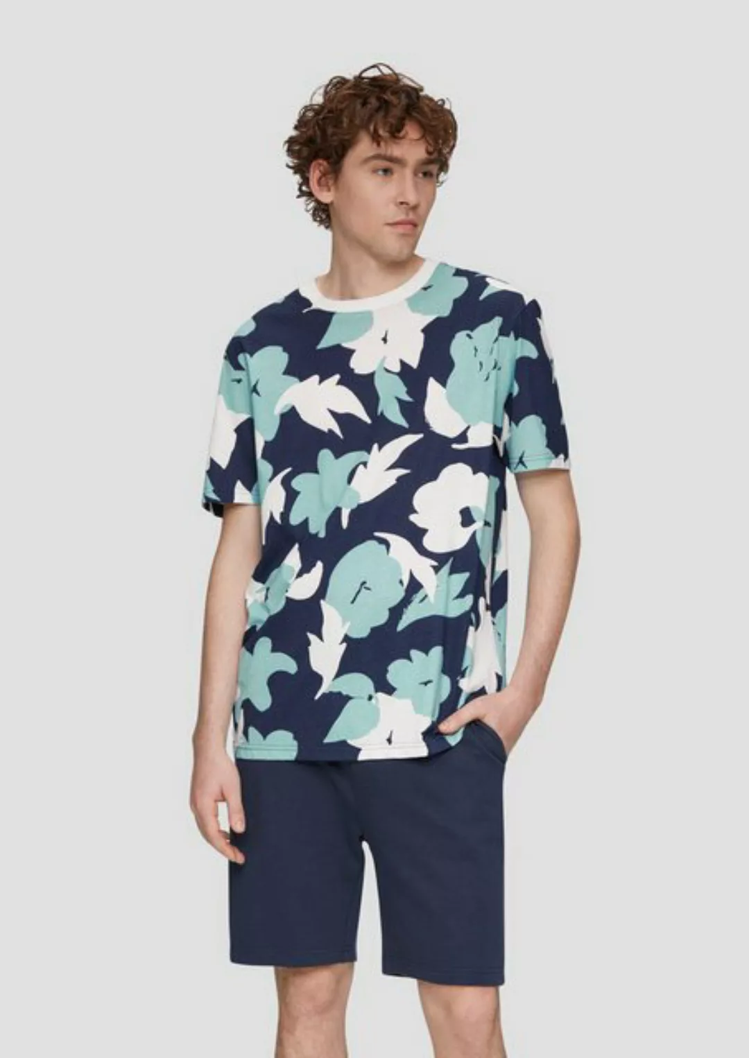 QS Kurzarmshirt Baumwoll-T-Shirt mit All-over-Print und Rippblende günstig online kaufen