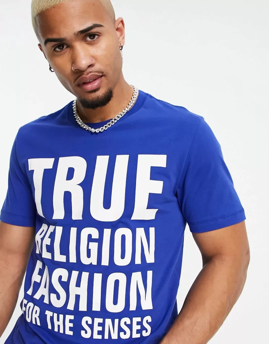 True Religion – T-Shirt mit „Fashion For Senses“-Print-Blau günstig online kaufen