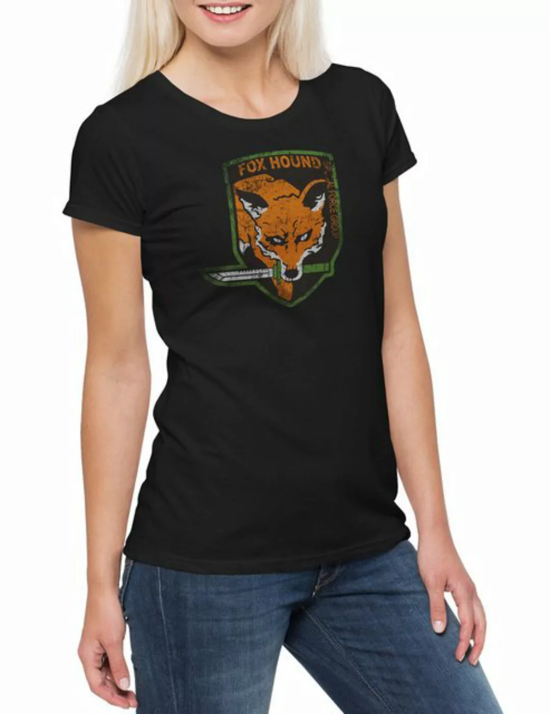 Urban Backwoods Print-Shirt Foxhound Logo Damen T-Shirt Big Boss Metal Fox günstig online kaufen