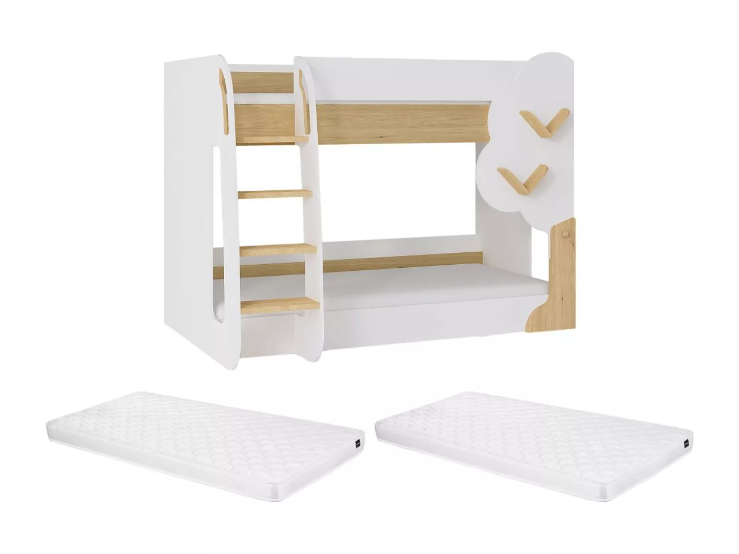 Etagenbett - 2 x 90 x 190 cm - Weiß & Holzfarben + Matratze - PILATI günstig online kaufen