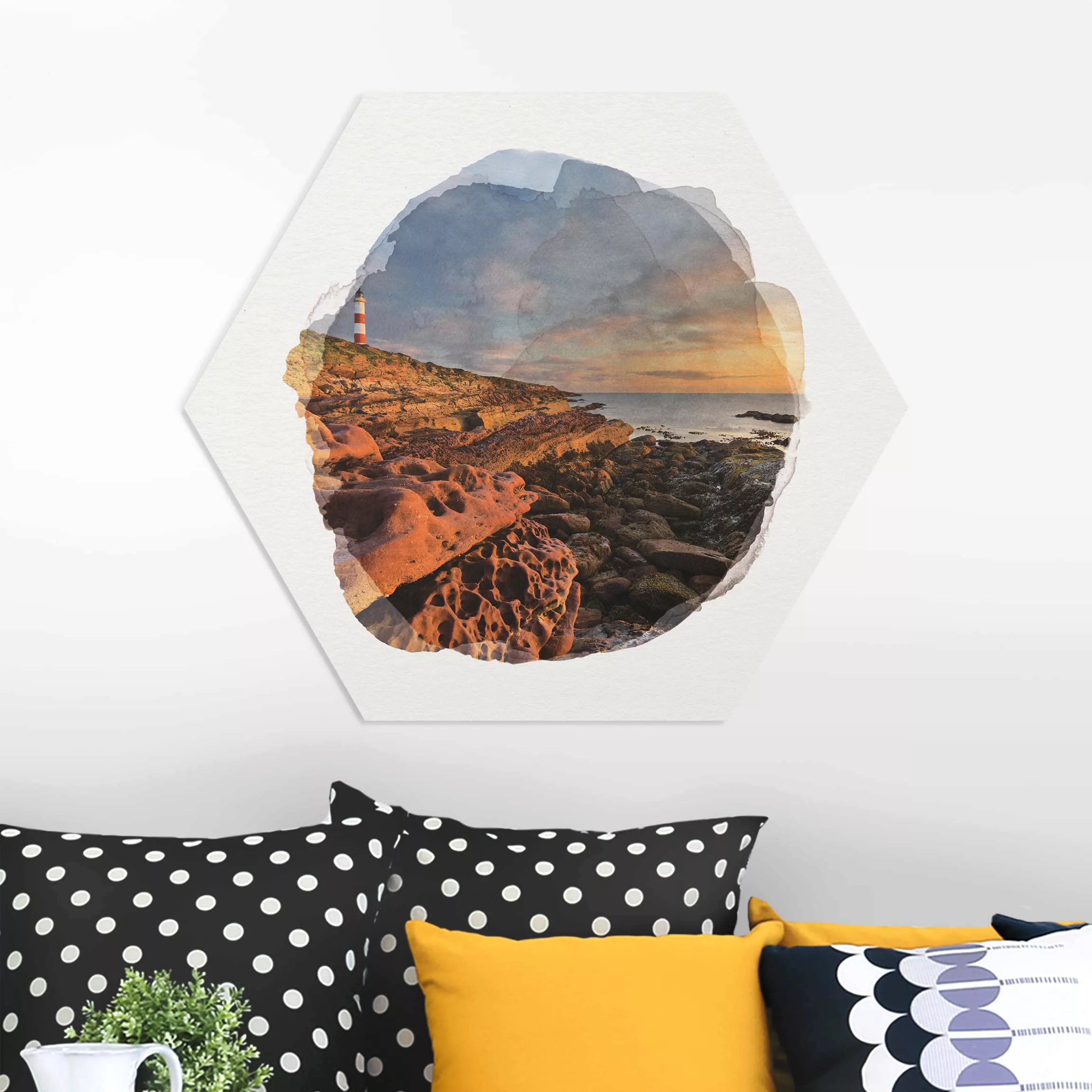Hexagon-Forexbild Wasserfarben - Tarbat Ness Meer & Leuchtturm bei Sonnenun günstig online kaufen