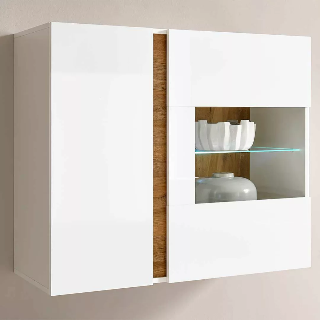 Wohnzimmer Wandvitrine in Weiß und Wildeiche Optik Skandi Design günstig online kaufen