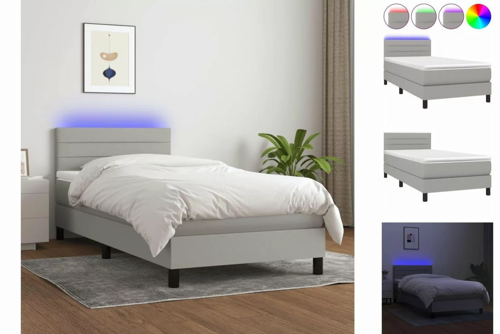 vidaXL Bettgestell Boxspringbett mit Matratze LED Hellgrau 90x200 cm Stoff günstig online kaufen