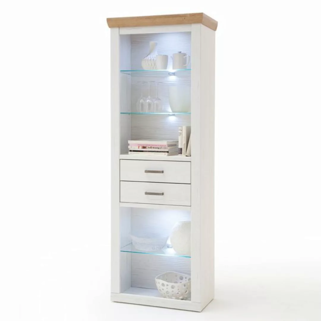 Lomadox Vitrine BRASILIA-05 Landhaus Stil, Pinie weiß mit Eiche, inkl. LED günstig online kaufen