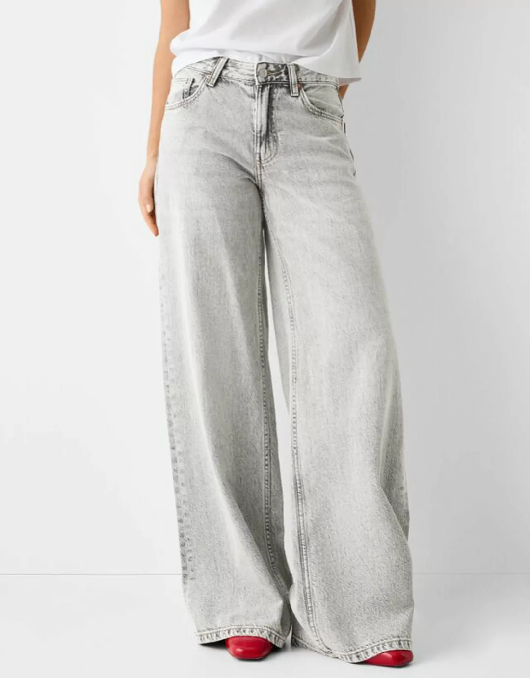 Bershka Wide-Leg-Jeans Damen 34 Grau günstig online kaufen