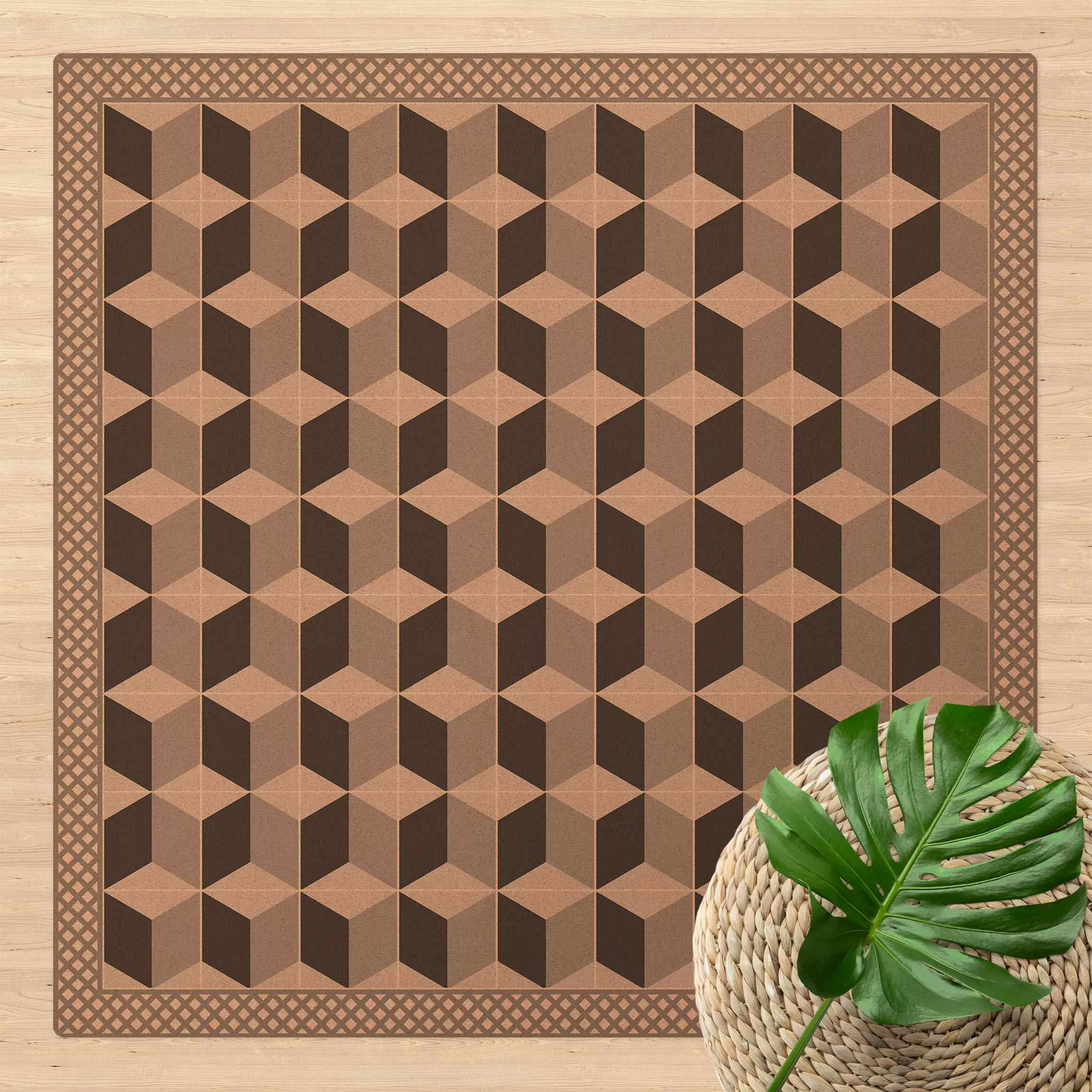 Kork-Teppich Geometrische Fliesen Stufenillusion in Grau mit Bordüre günstig online kaufen