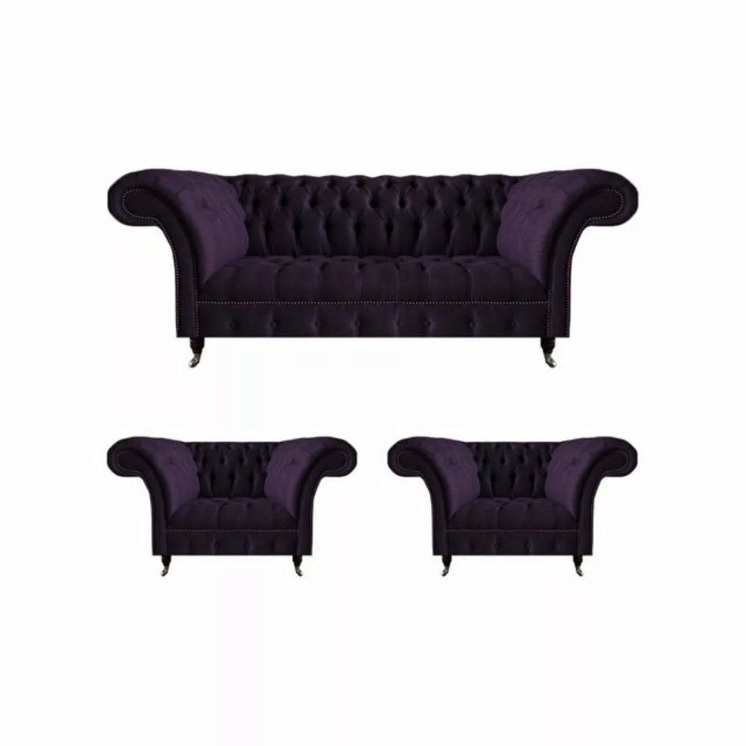 JVmoebel Chesterfield-Sofa Komplett Set 3tlg Sofa Dreisitze Stoff Lila 2x S günstig online kaufen